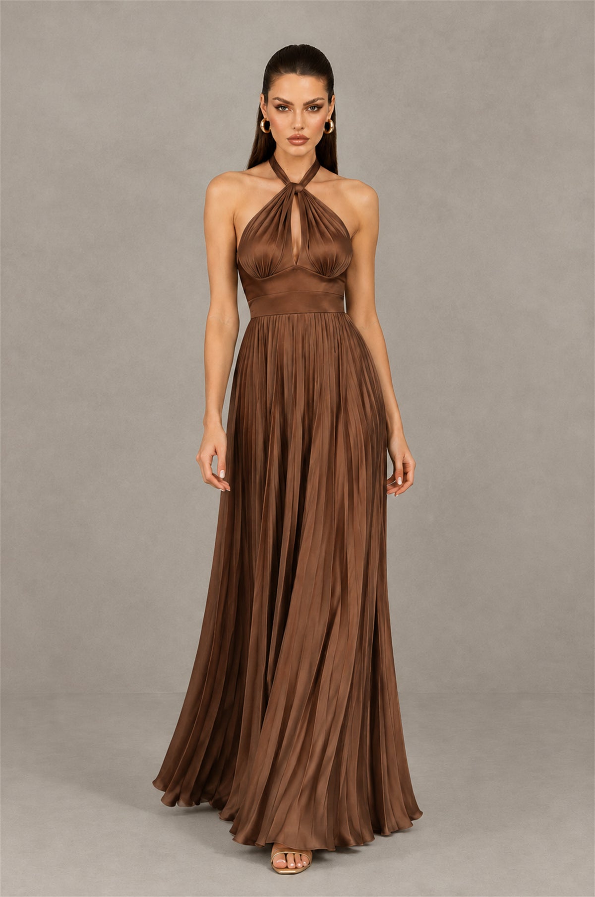 BOLODOO Brown Halter Pleated A-Line Evening Dress - Brown