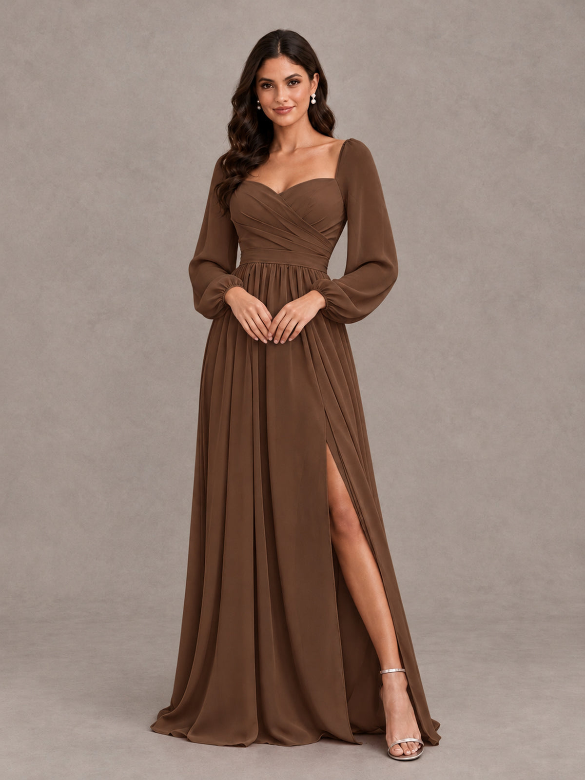BOLODOO Brown Long Sleeve Chiffon Bridesmaid Dress with Slit - Brown - Brown (4)