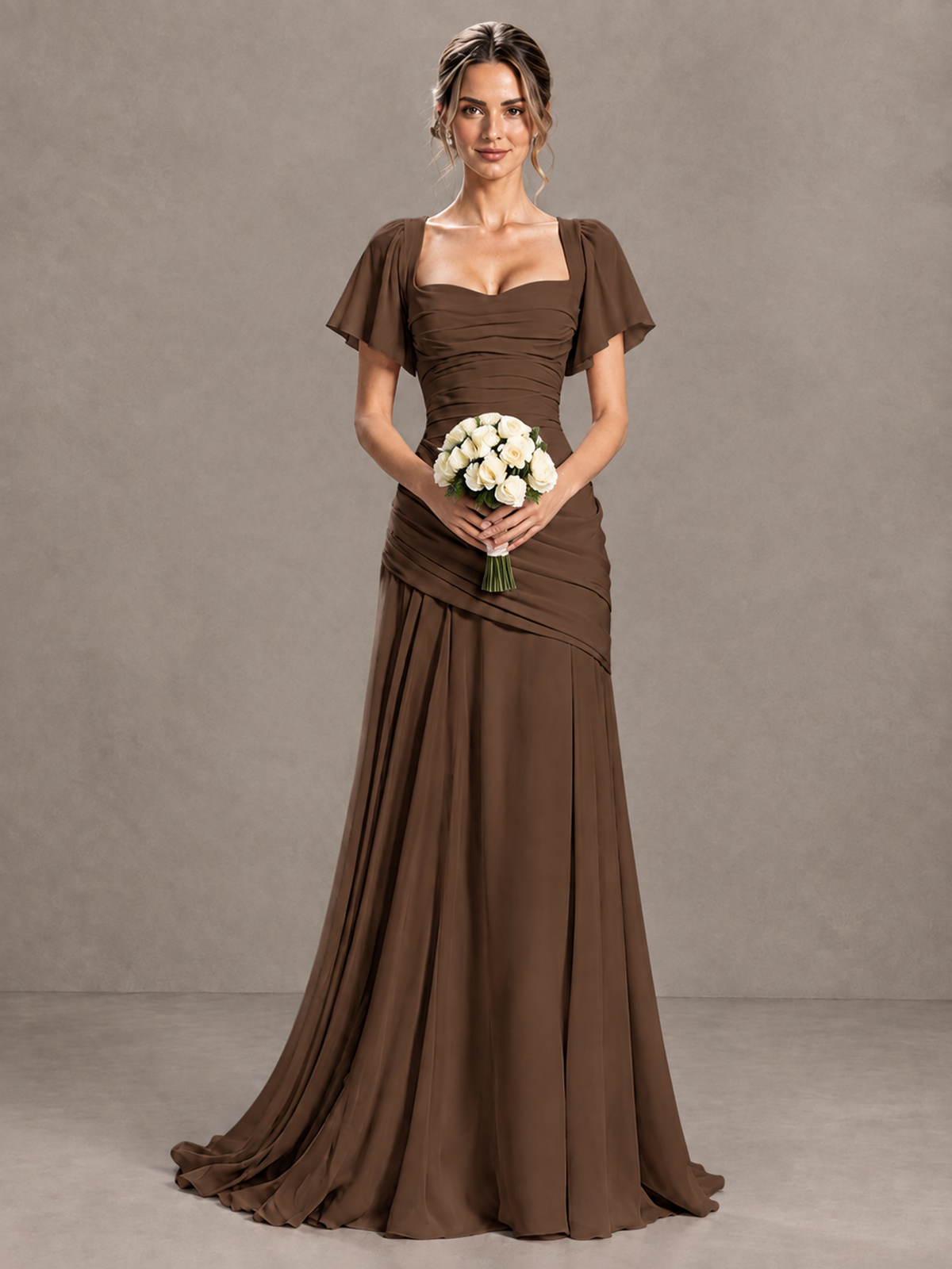 BOLODOO Brown Flutter Sleeve Lace-Up Back Maxi Dress - Brown - Brown (4)