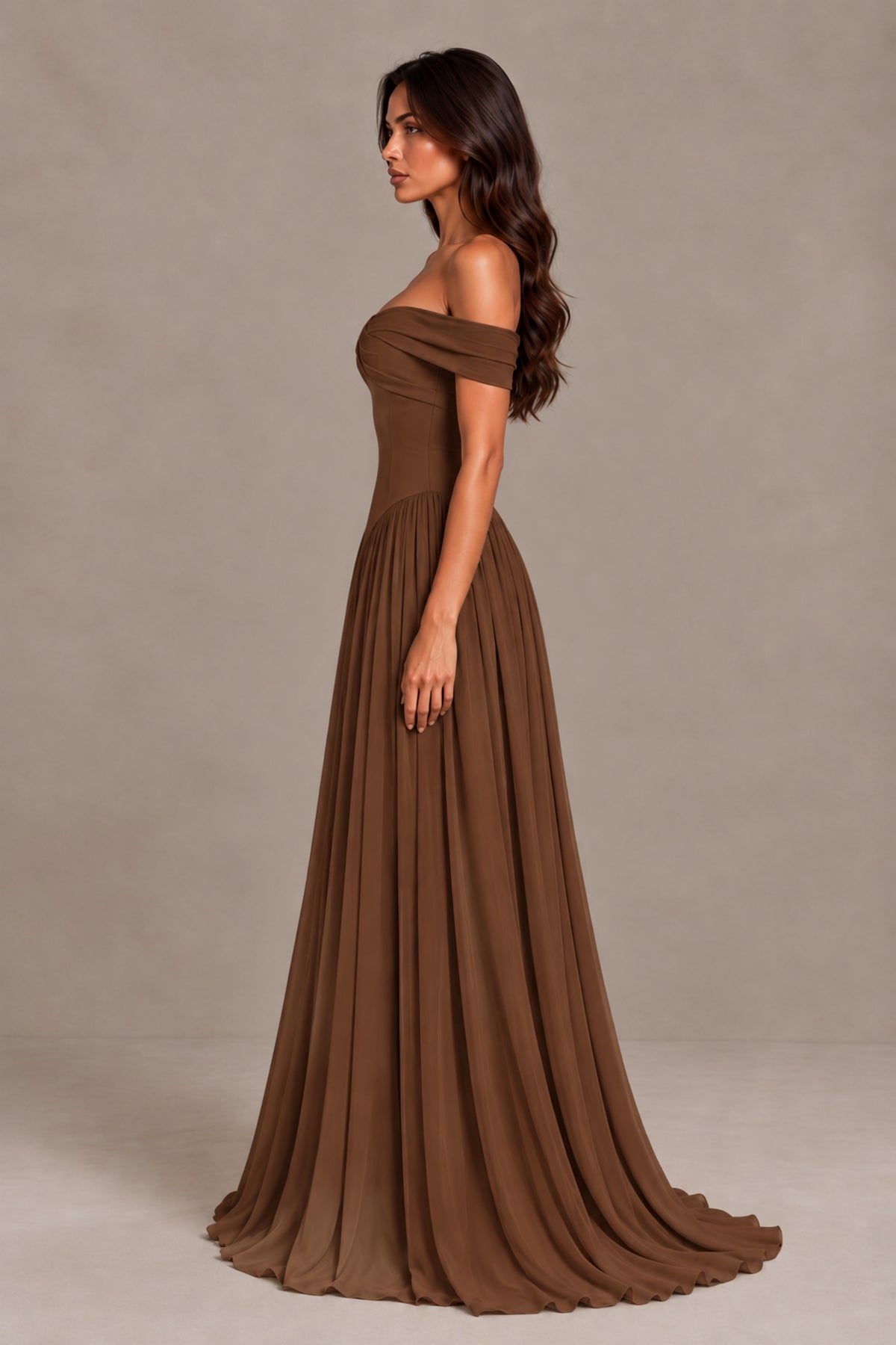 BOLODOO Brown Off-Shoulder Sweetheart Corset Pleated Chiffon Maxi Dress - Brown - Brown (4)