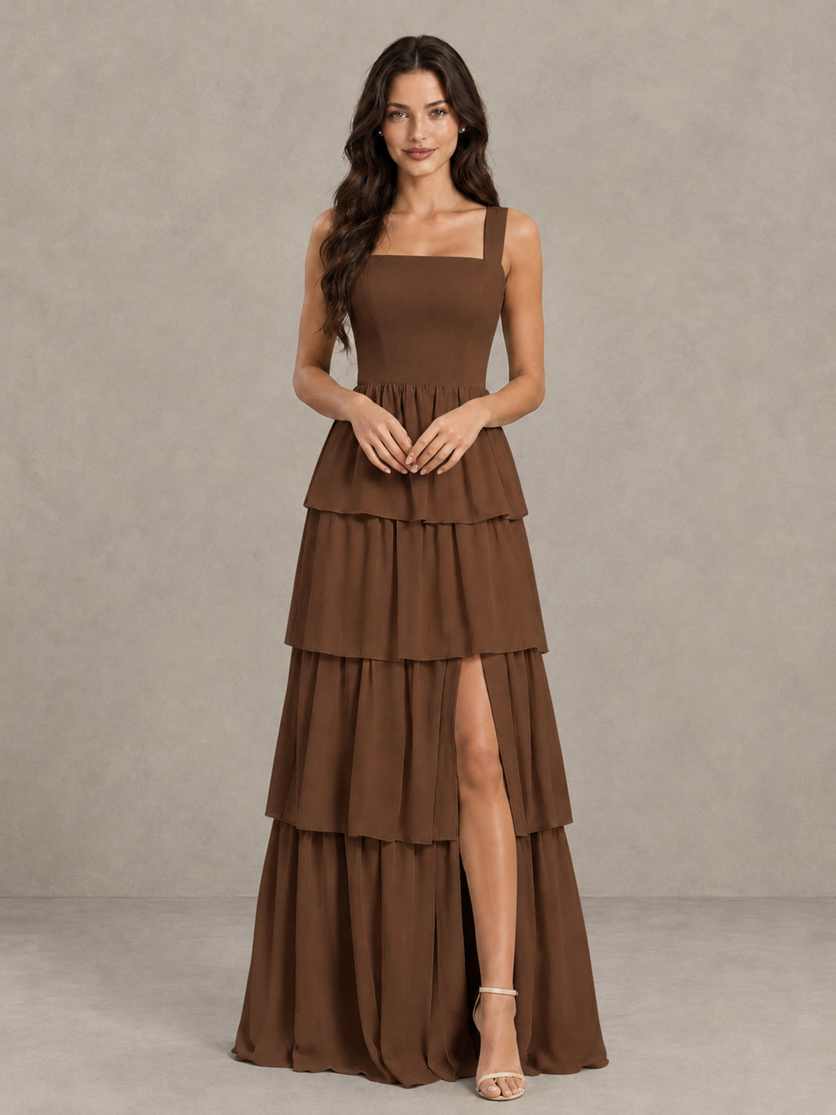 BOLODOO Brown Square Neck Tiered Bridesmaid Dress with Slit - Brown - Brown (4)
