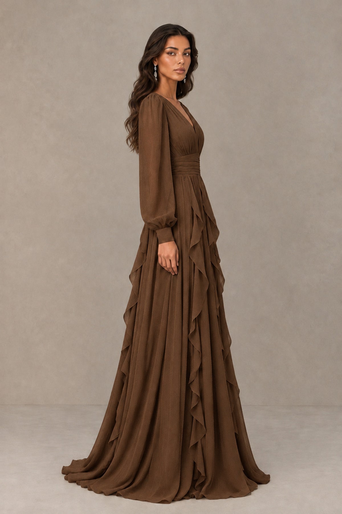 BOLODOO Brown Long Sleeve V-Neck Ruffle Maxi Dress - Brown - Brown (4)