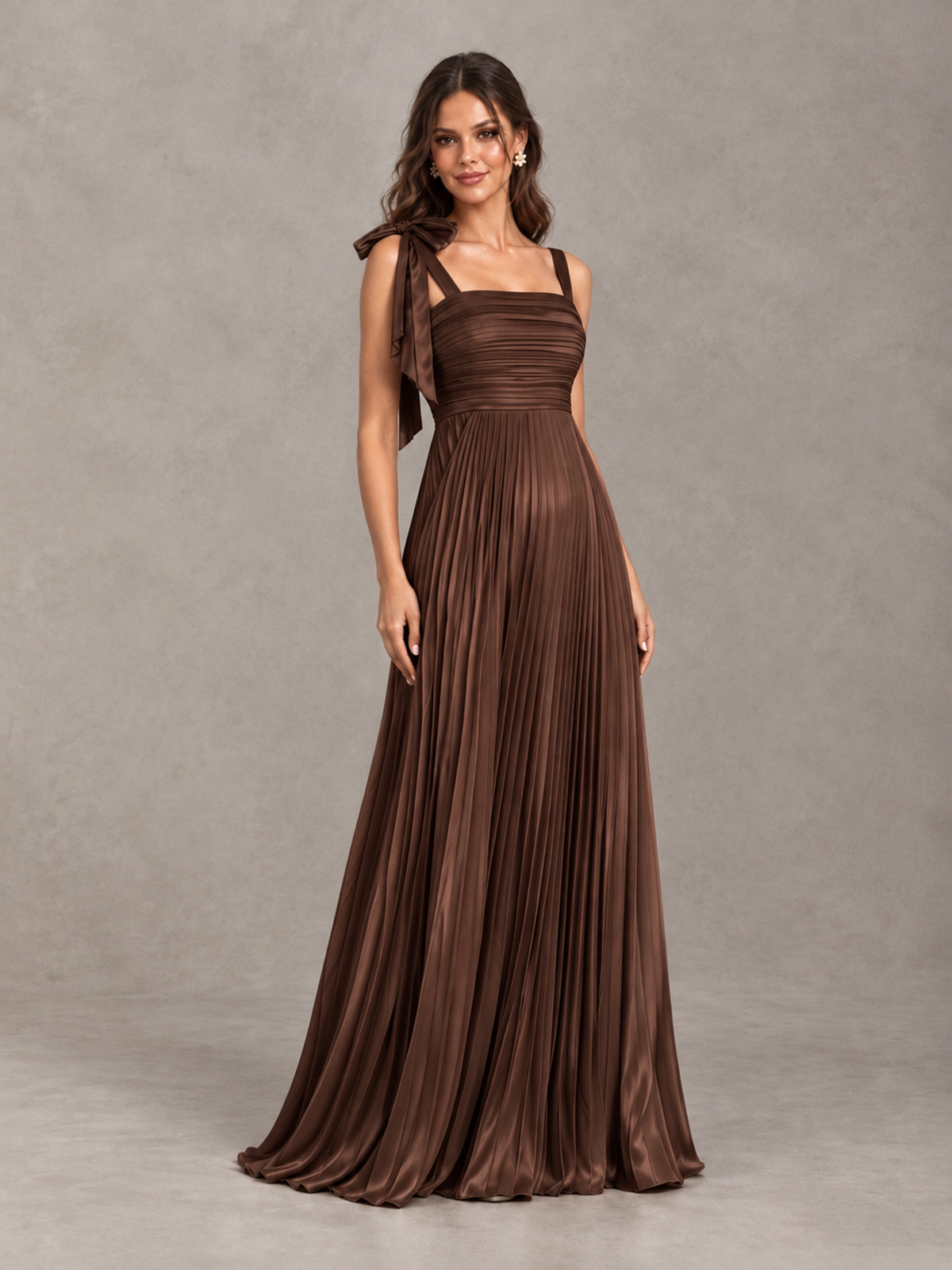 BOLODOO Brown Pleated Bow-Strap Bridesmaid Maxi Dress - Brown - Brown (4)