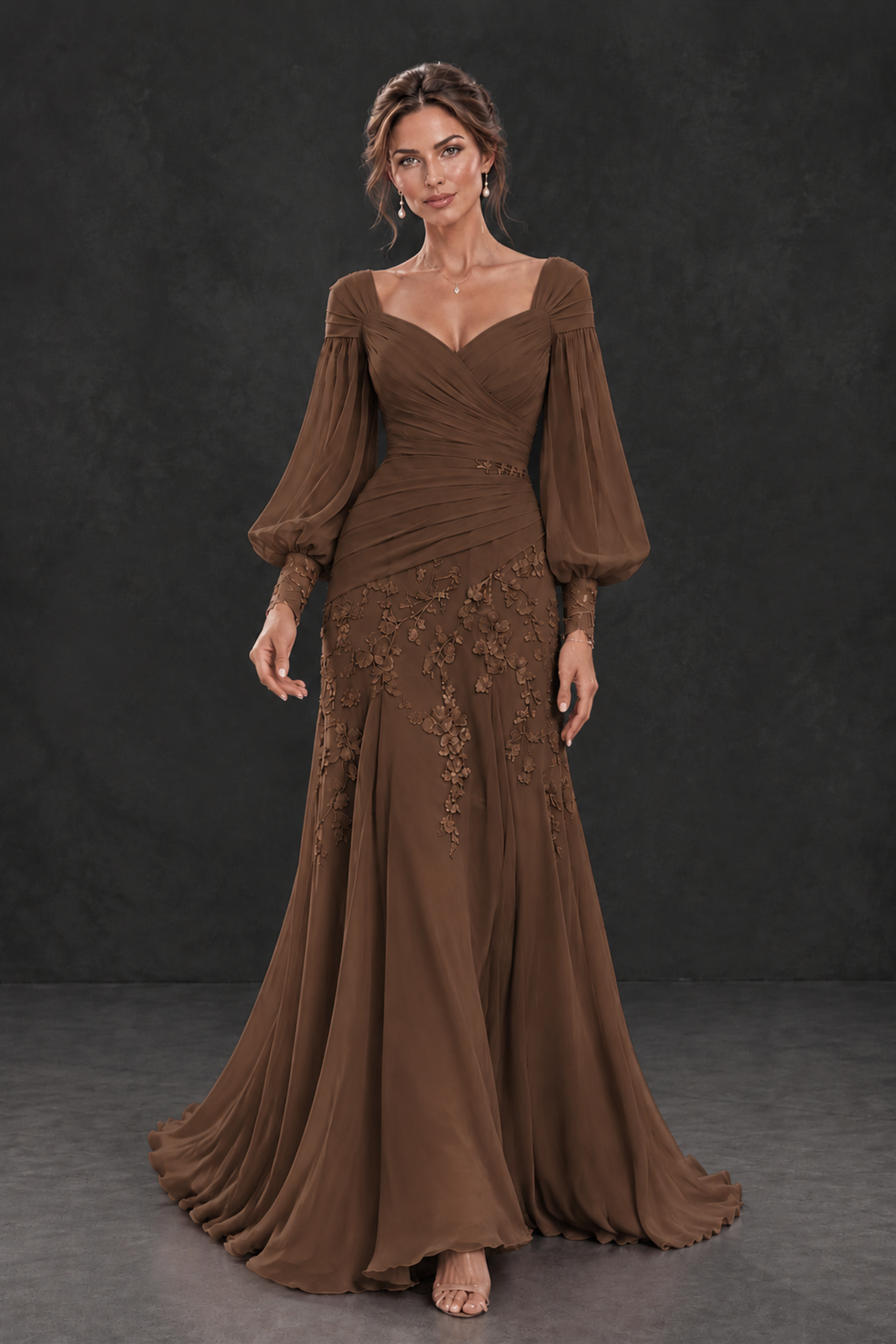 BOLODOO Brown Long Sleeve Mother of the Bride Dress with Floral Appliqués - Brown - Brown (4)