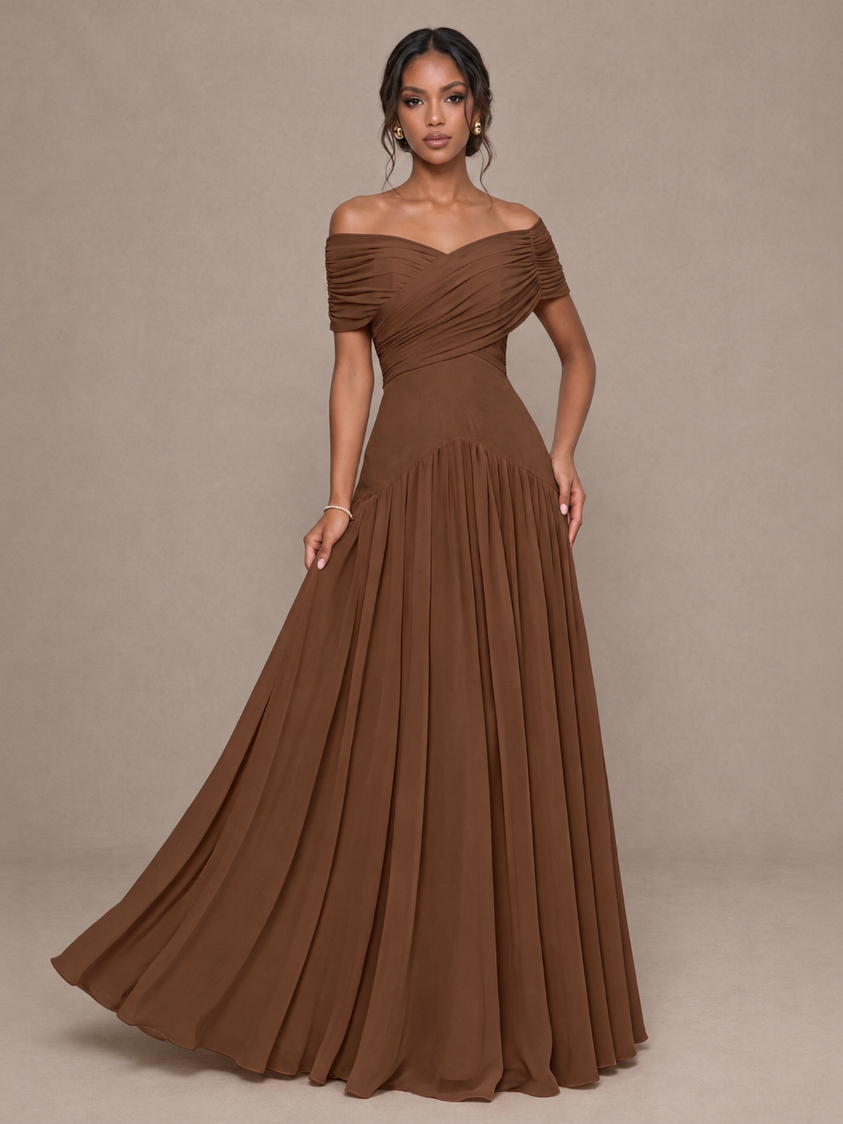 BOLODOO Brown Off-Shoulder Ruched A-Line Bridesmaid Dress - Brown - Brown (4)