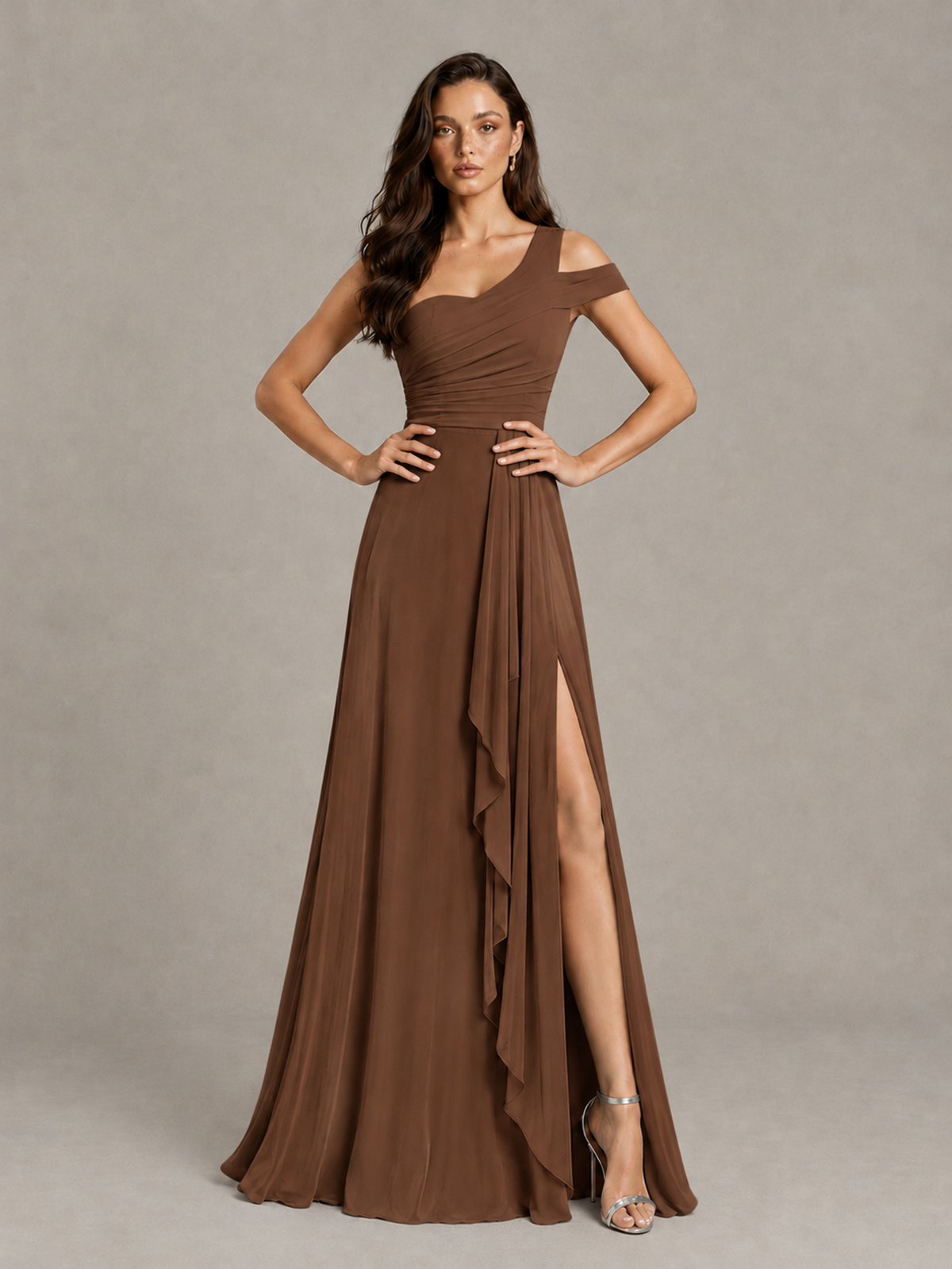 BOLODOO Brown One-Shoulder Bridesmaid Dress with Side Slit - Brown - Brown (4)