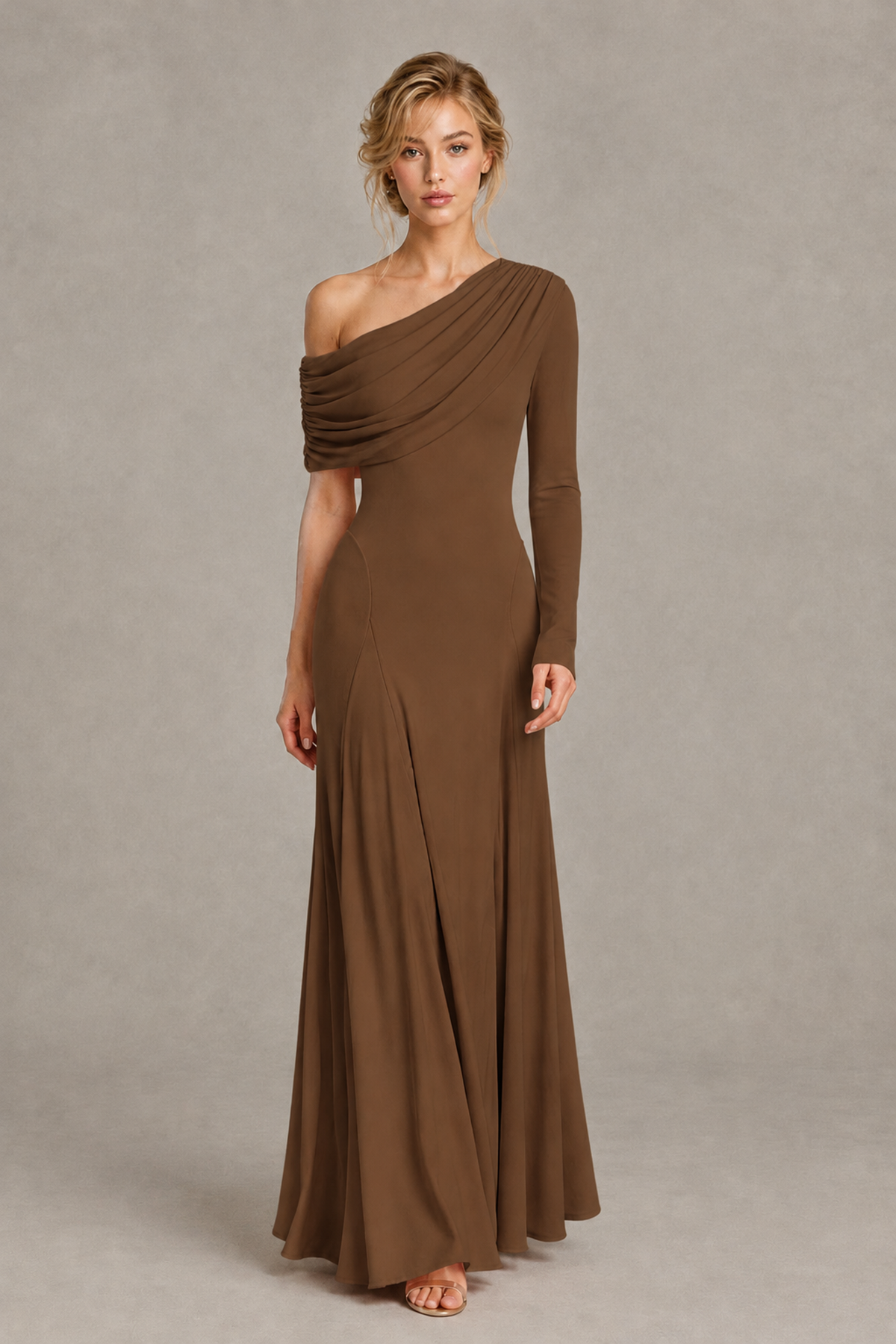 BOLODOO Brown Asymmetric Draped Long Sleeve Evening Gown - Brown