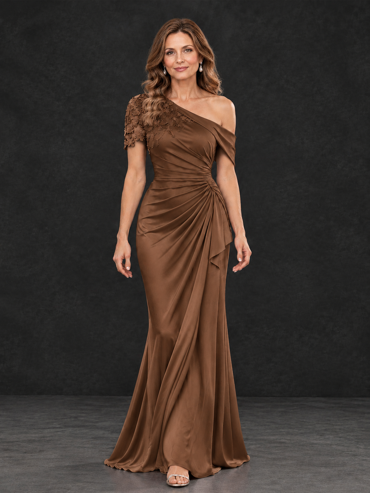 BOLODOO Brown Asymmetric Satin Mother of the Bride Dress with Lace Sleeve - Brown - Brown (4)