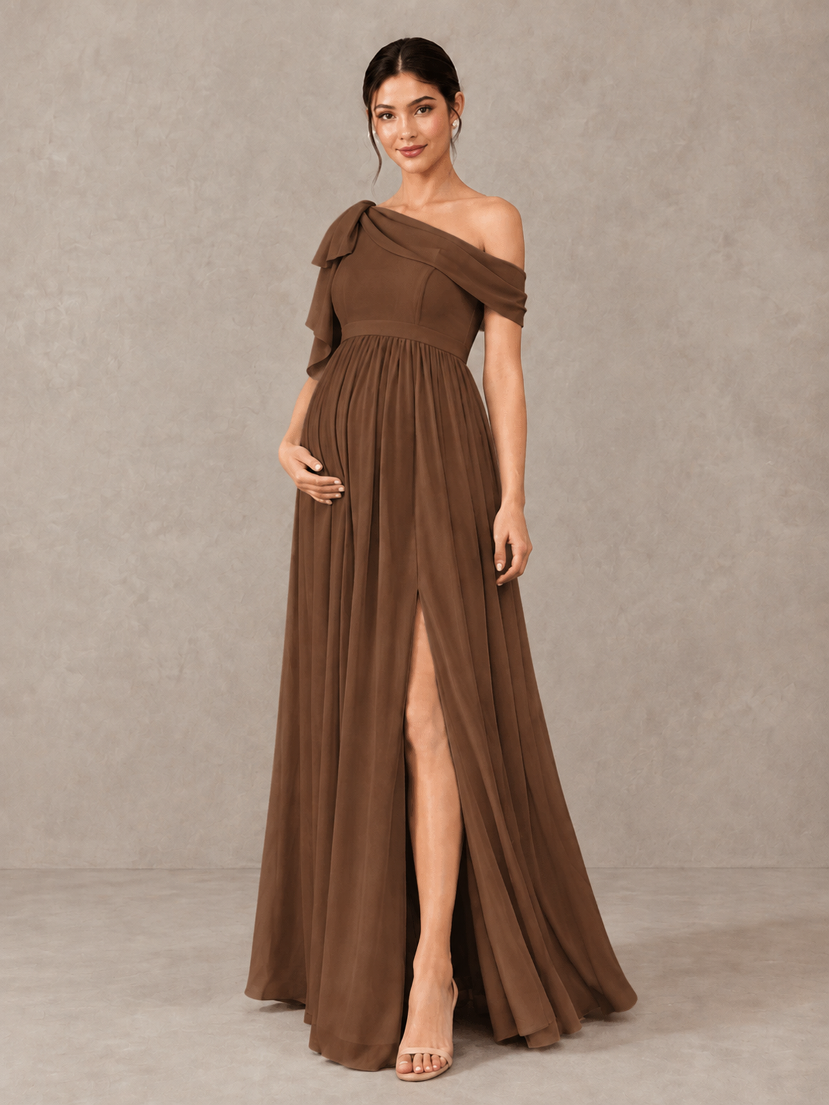 BOLODOO Brown One-Shoulder Maternity Bridesmaid Dress with Slit - Brown - Brown (4)