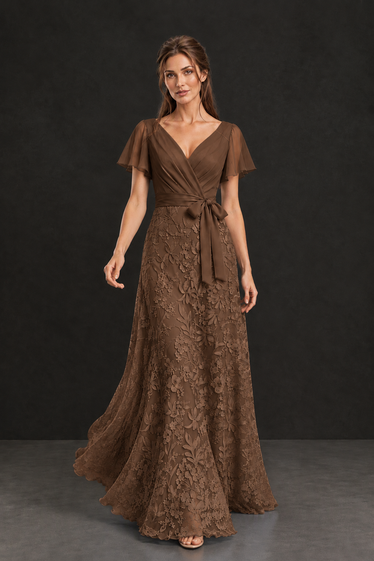 BOLODOO Brown Flutter Sleeve Lace Mother of the Bride Dress - Brown