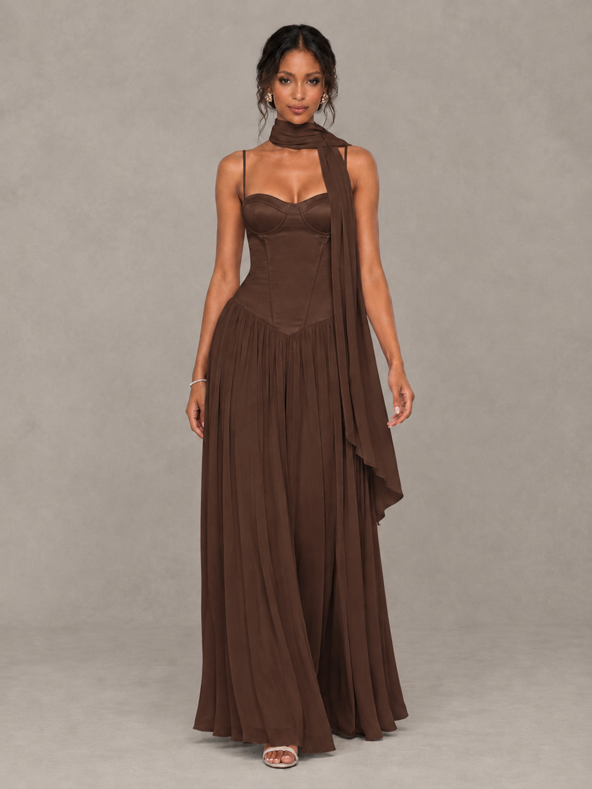 BOLODOO Brown Corset Bridesmaid Dress with Scarf - Brown - Brown (4)