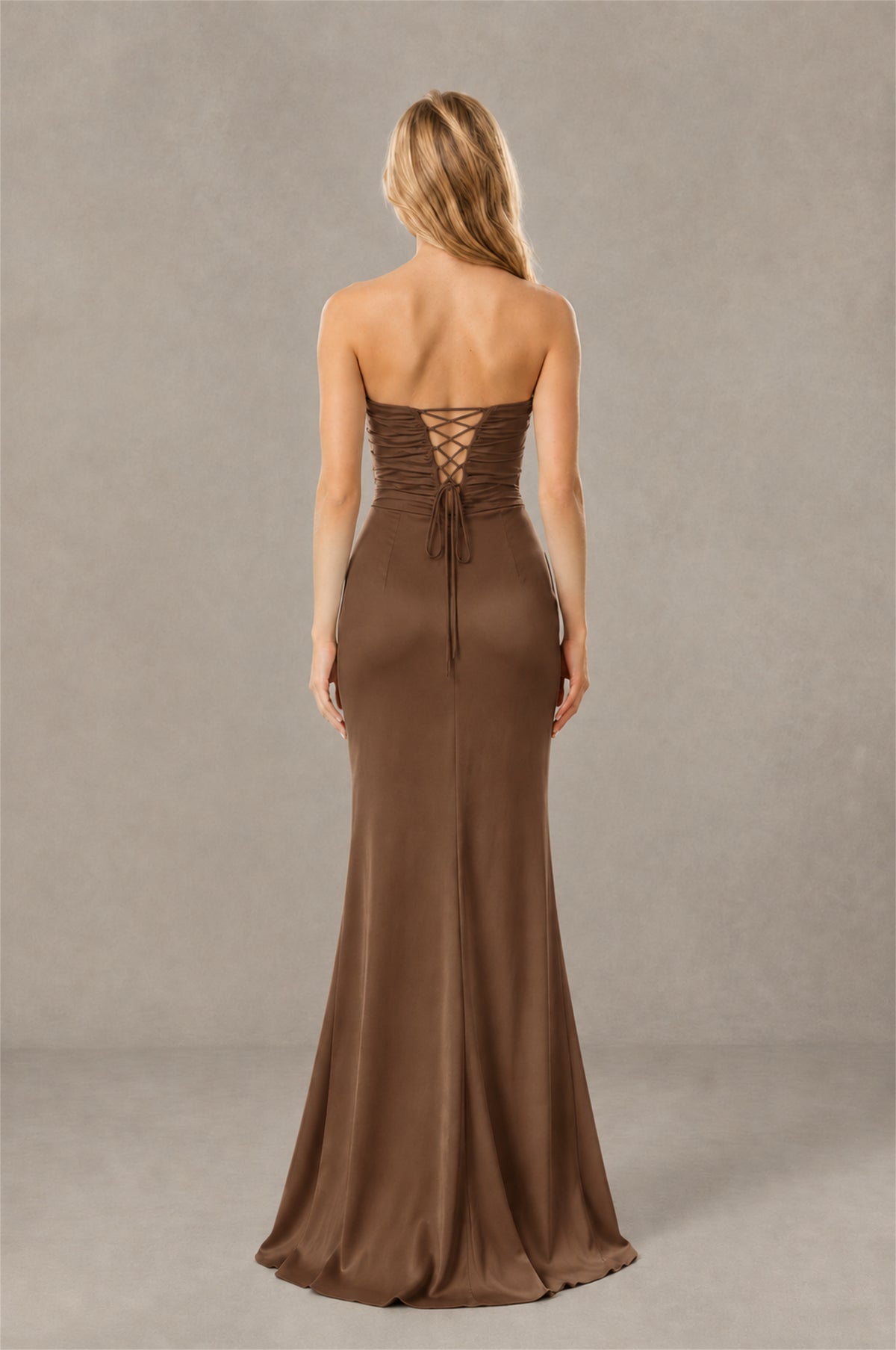 BOLODOO Brown Sweetheart Strapless Twist Knot Cutout Lace-Up Back Satin Mermaid Maxi Dress - Brown - Brown (4)