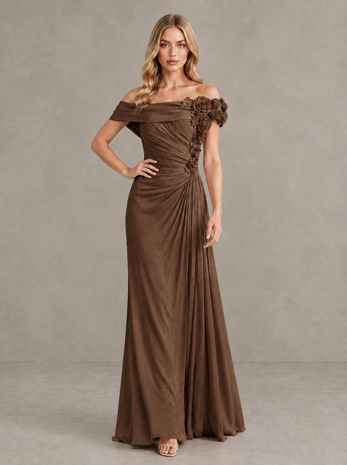 BOLODOO Brown Off-Shoulder Floral Applique Wedding Guest Maxi Dress - Brown - Brown (4)