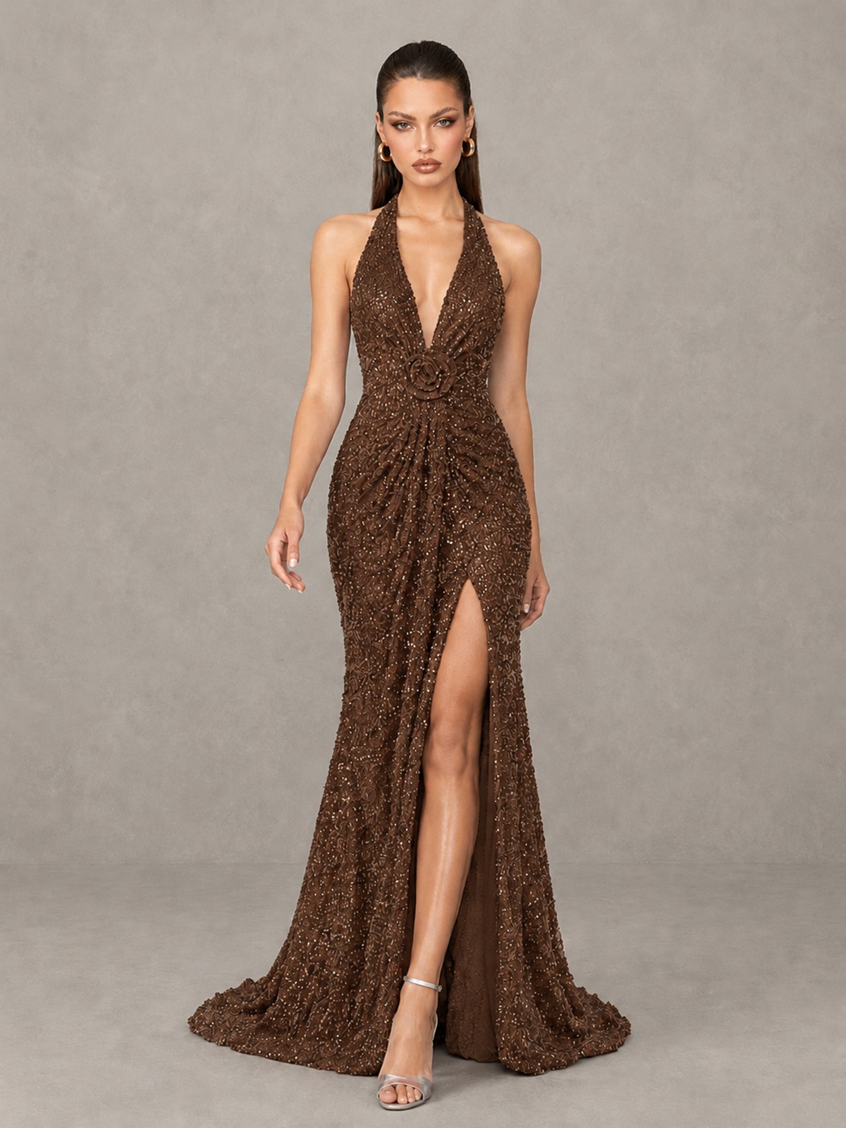 BOLODOO Brown Sequin Halter Open Back Evening Gown with High Slit - Brown - Brown (4)