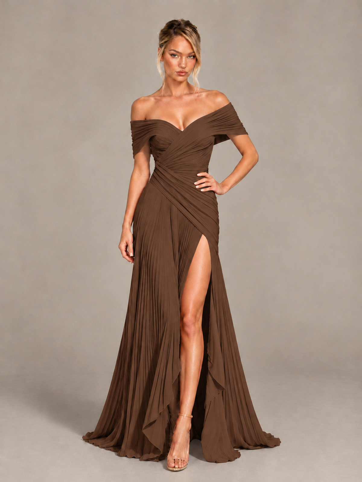 BOLODOO Brown Off-Shoulder Ruched Pleated Maxi Dress with High Slit - Brown - Brown (4)