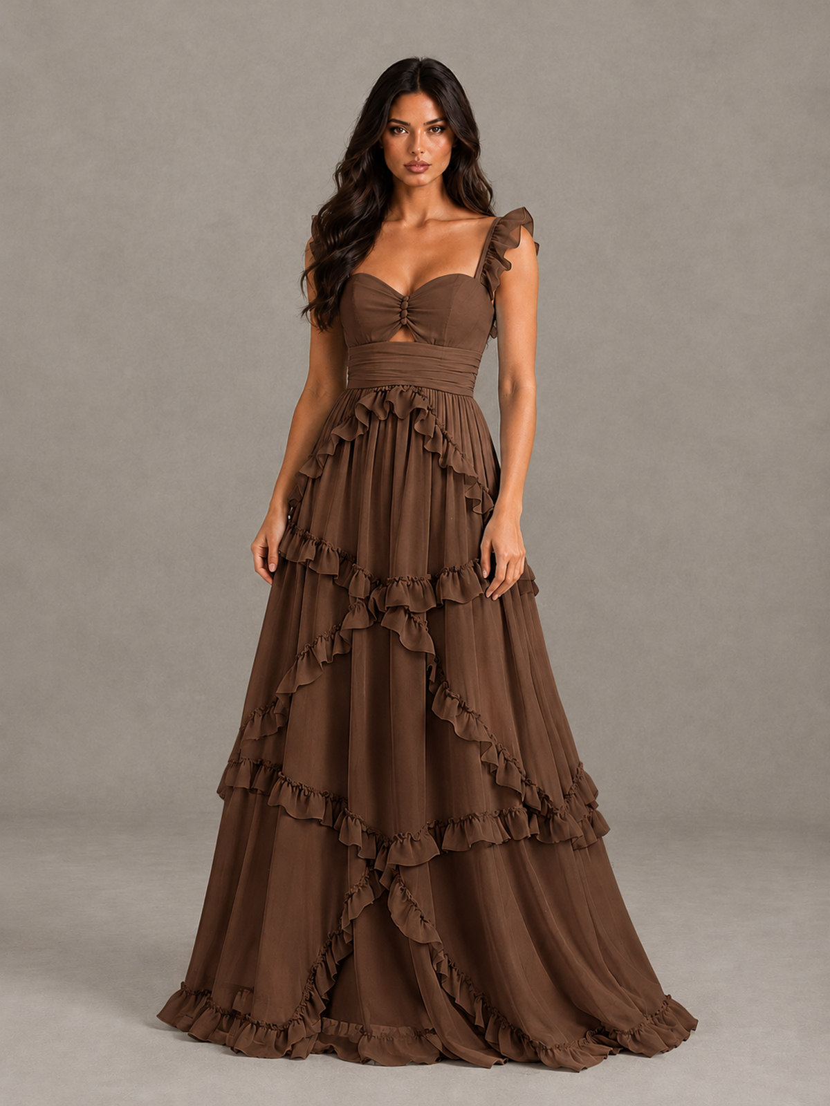 BOLODOO Brown Ruffle A-Line Prom Dress with Open Back - Brown - Brown (4)