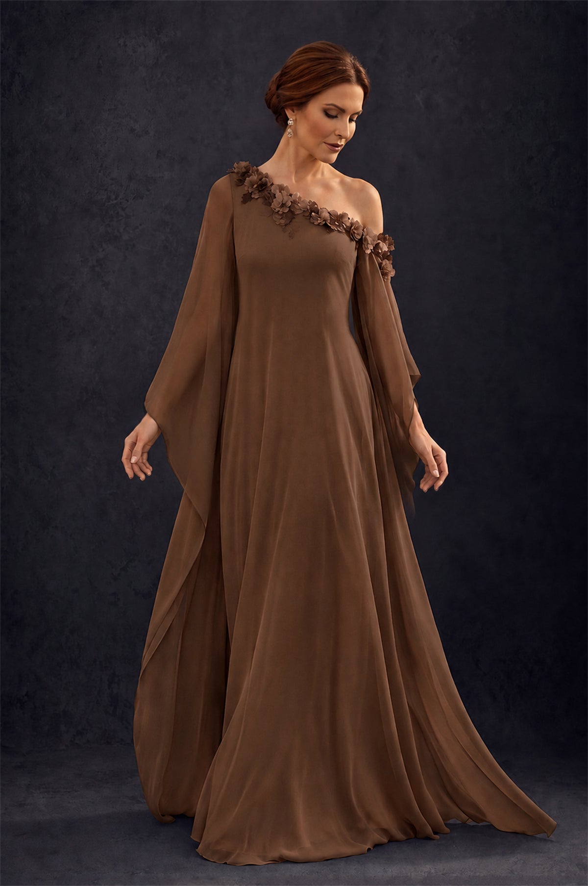 BOLODOO Brown 2-Piece Set: Off-Shoulder 3D Floral Cape Gown & One-Shoulder Wide-Leg Jumpsuit | BD0373 - Brown