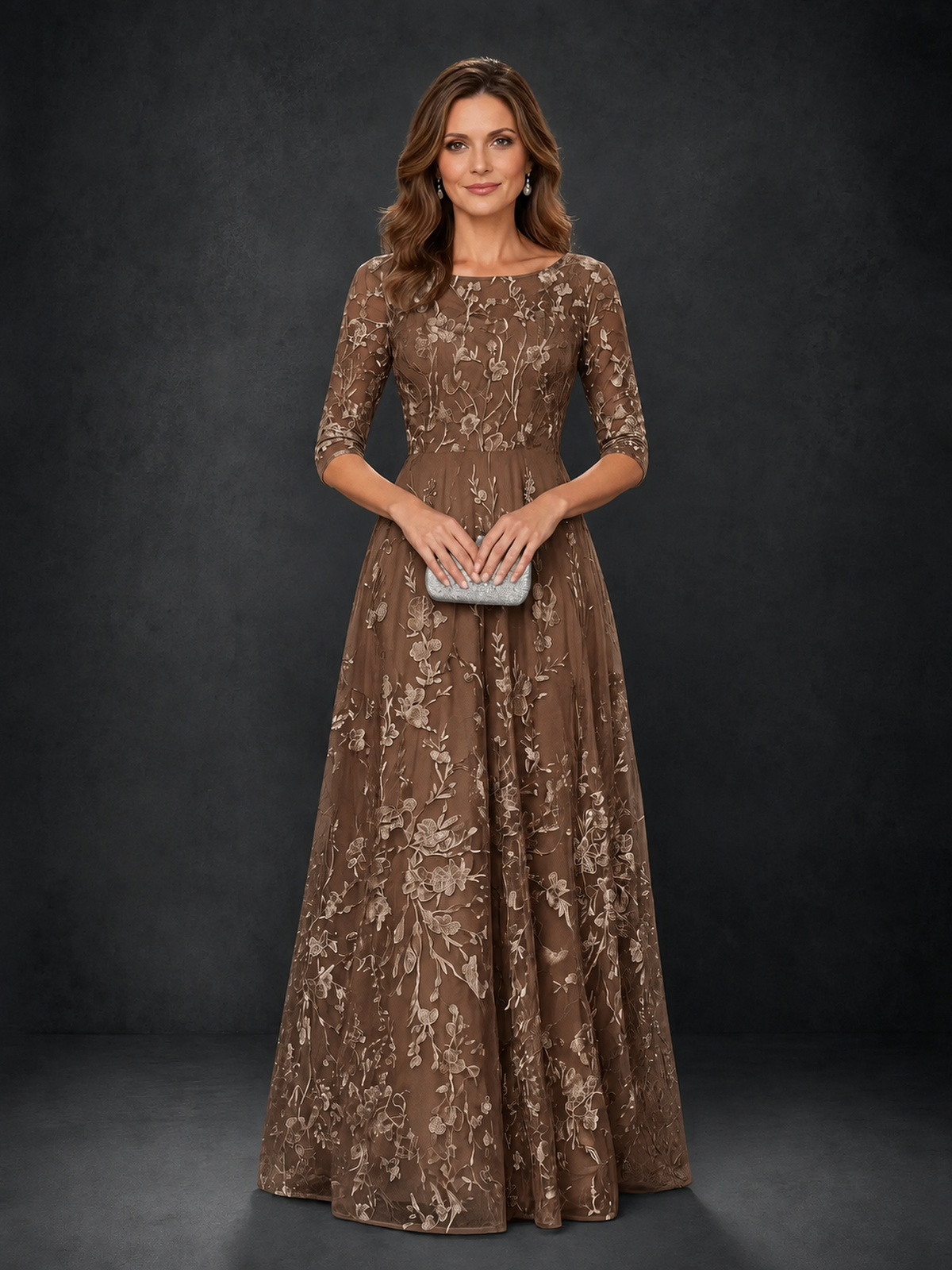 BOLODOO Wisteria Brown Illusion Bateau Neck 3/4 Sleeve Floral Lace A-Line Mother of the Bride Dress MX007 - Brown
