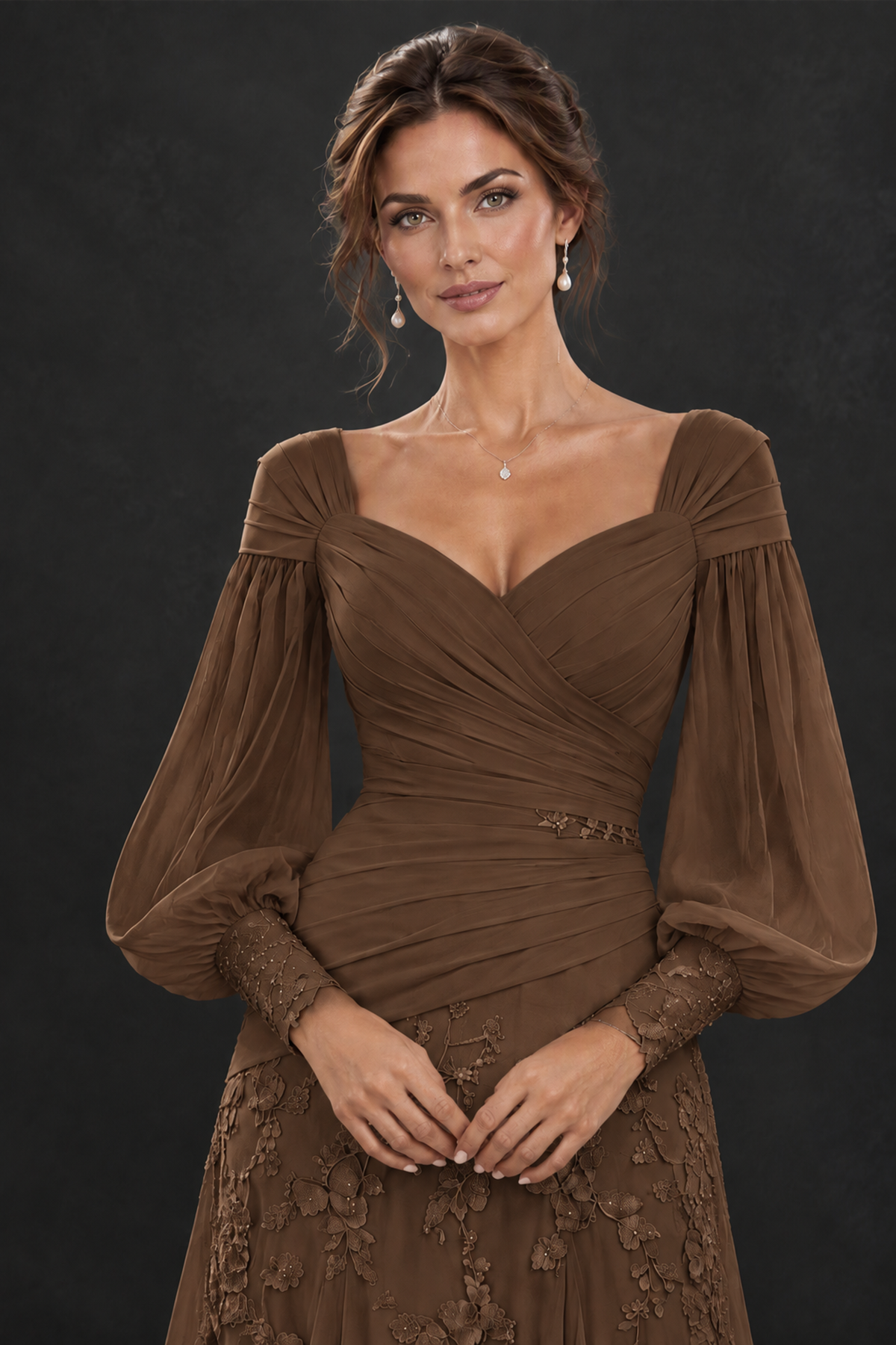BOLODOO Brown Long Sleeve Mother of the Bride Dress with Floral Appliqués - Brown - Brown (5)