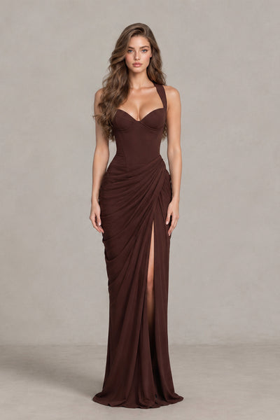 BOLODOO chocolate brown sweetheart floor-length dress with draped skirt and high front slit