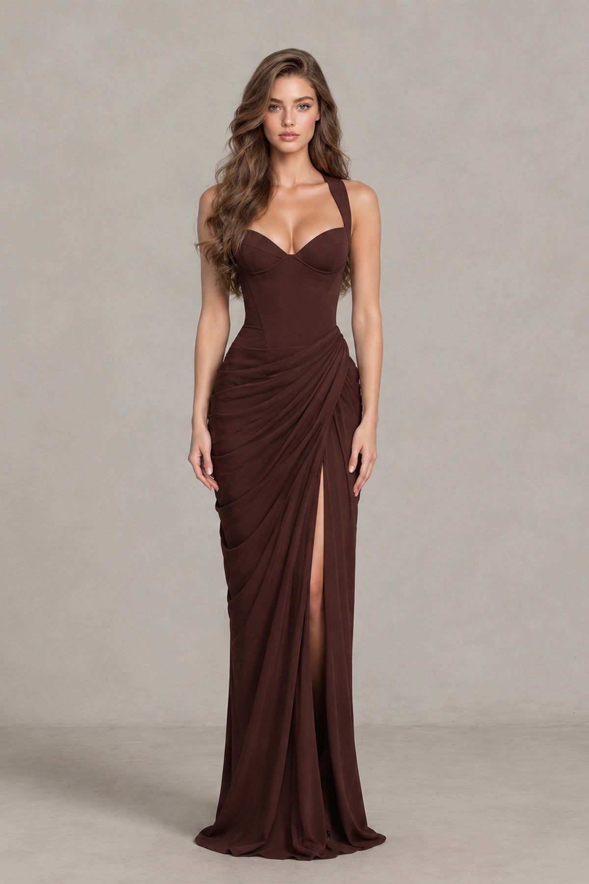 BOLODOO chocolate brown sweetheart floor-length dress with draped skirt and high front slit
