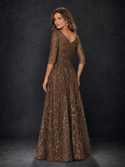 BOLODOO Brown Illusion Bateau Neck 3/4 Sleeve Floral Lace A-Line Mother of the Bride Dress MX007 