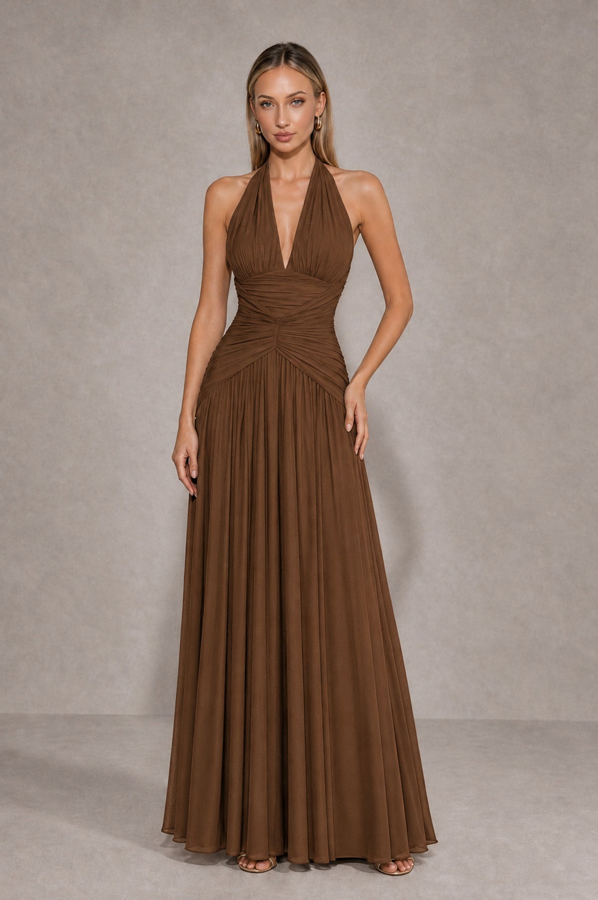 BOLODOO Brown Chiffon Halter Deep V-Neck Ruched A-Line Backless Maxi Dress with Train 