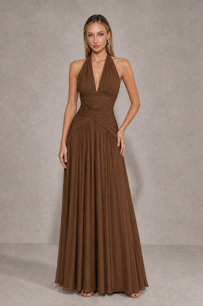 BOLODOO Brown Chiffon Halter Deep V-Neck Ruched A-Line Backless Maxi Dress with Train 