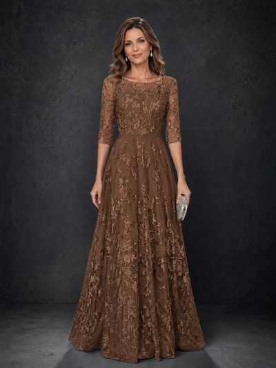 BOLODOO Brown Illusion Bateau Neck 3/4 Sleeve Floral Lace A-Line Mother of the Bride Dress MX007 
