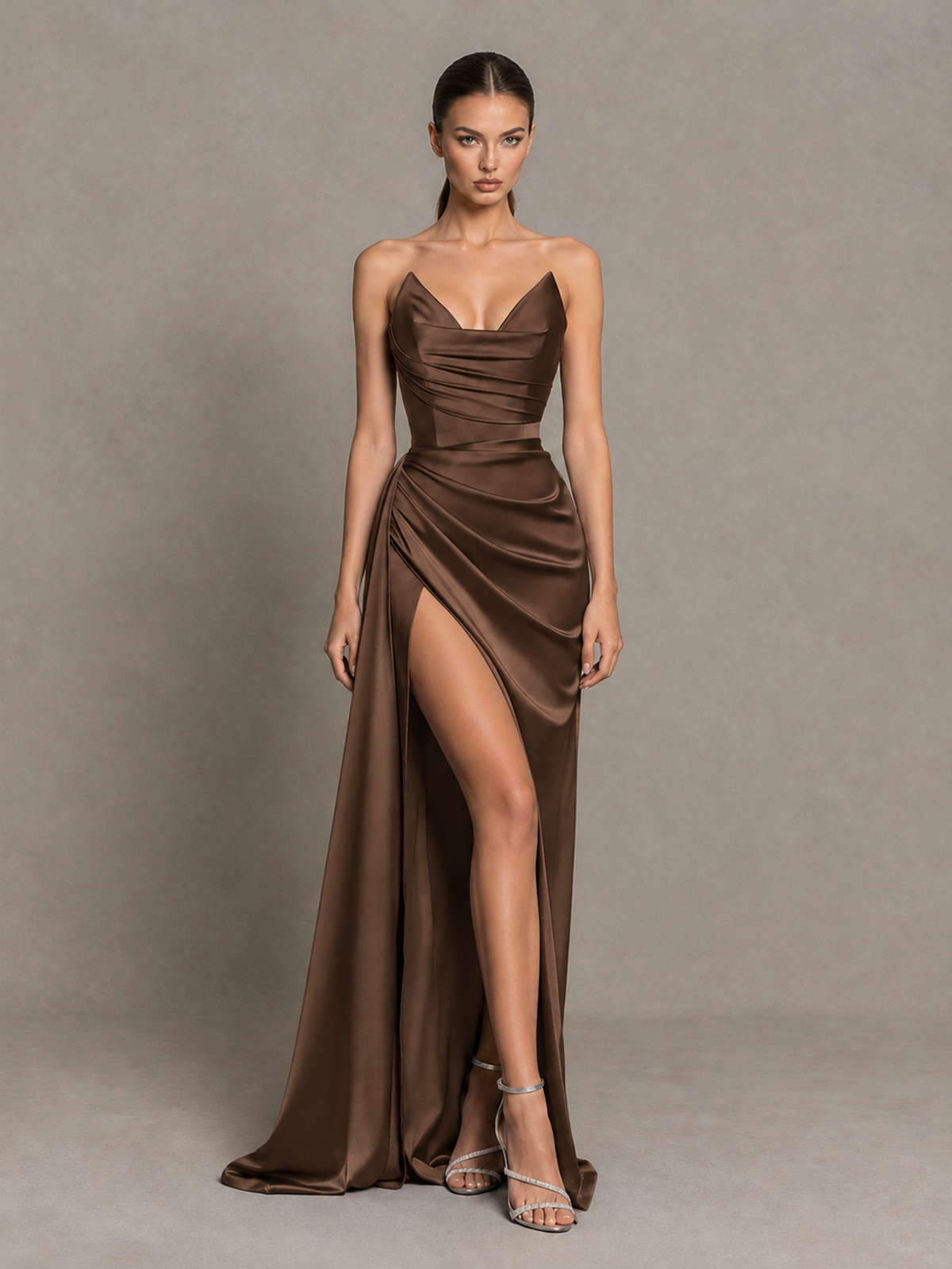 BOLODOO Brown Strapless Satin High-Slit Lace-Up Prom Dress 