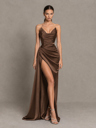 BOLODOO Brown Strapless Satin High-Slit Lace-Up Prom Dress 