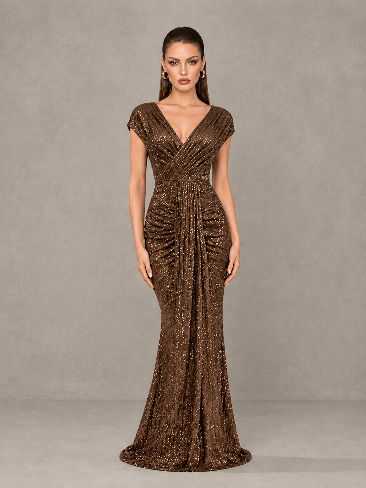 BOLODOO brown glitter V-neck cap sleeve mermaid evening gown with ruched hips, front view