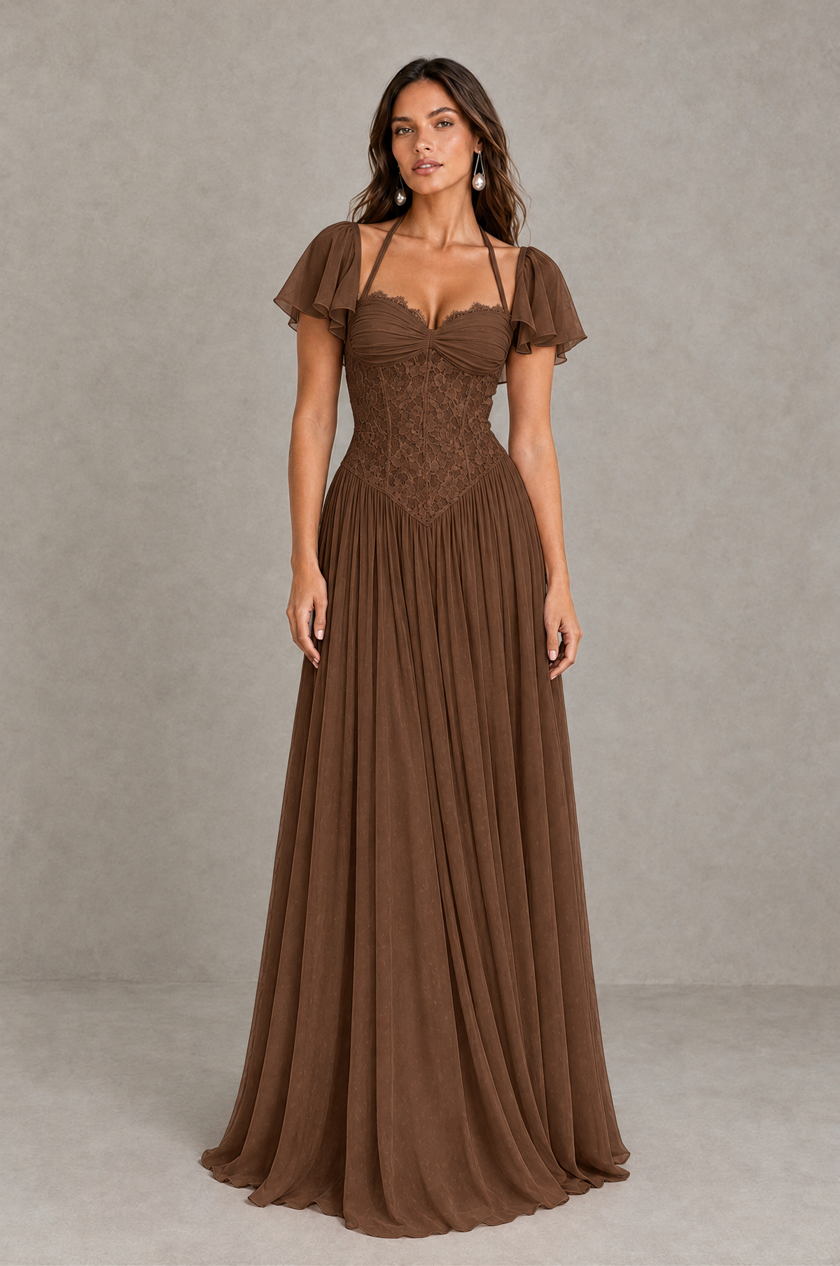 BOLODOO Brown Flutter Sleeve Lace Corset A-Line Maxi Dress 