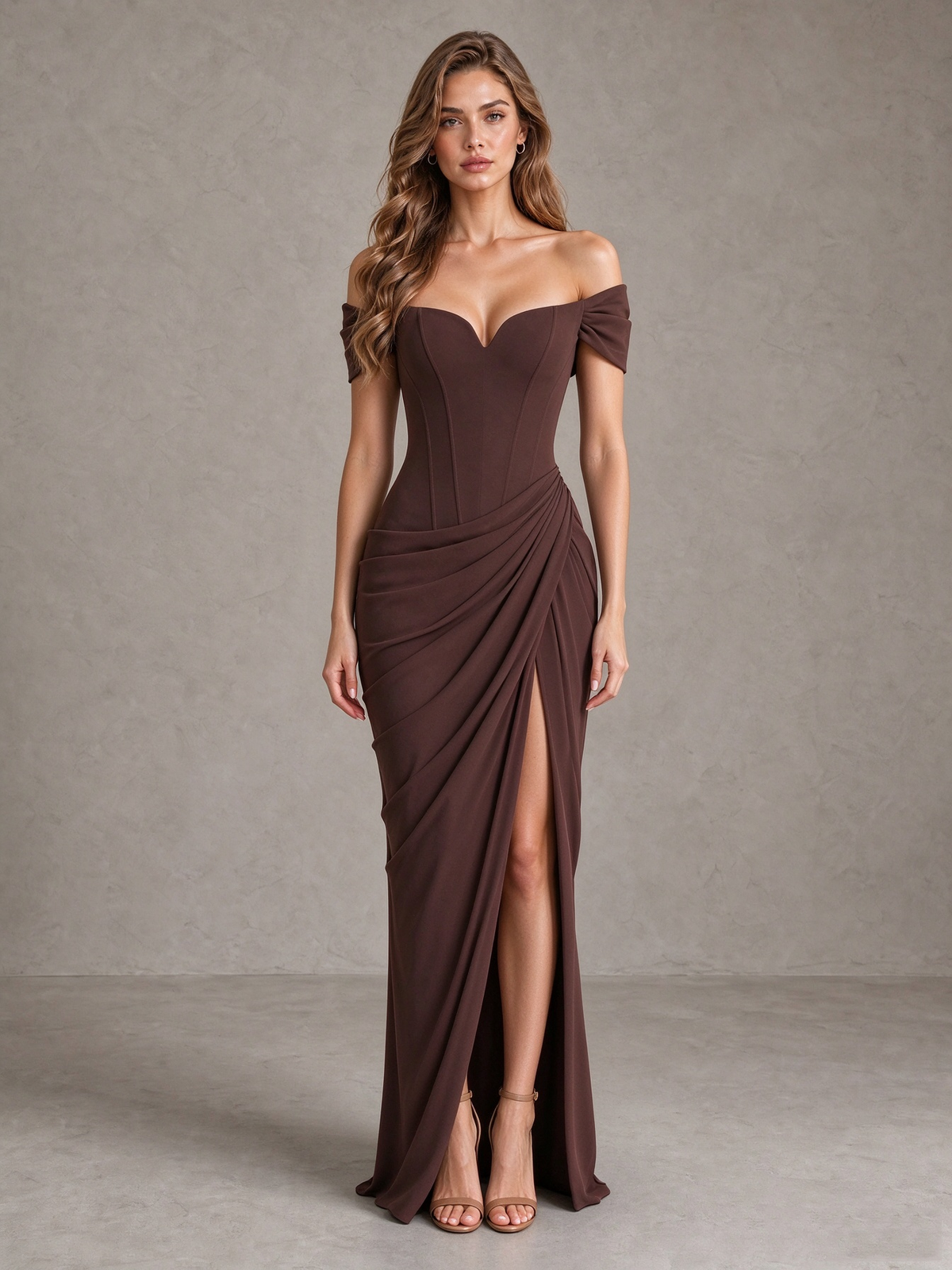 BOLODOO Brown Off-Shoulder Ruched Corset Wedding Guest Dress with Slit 