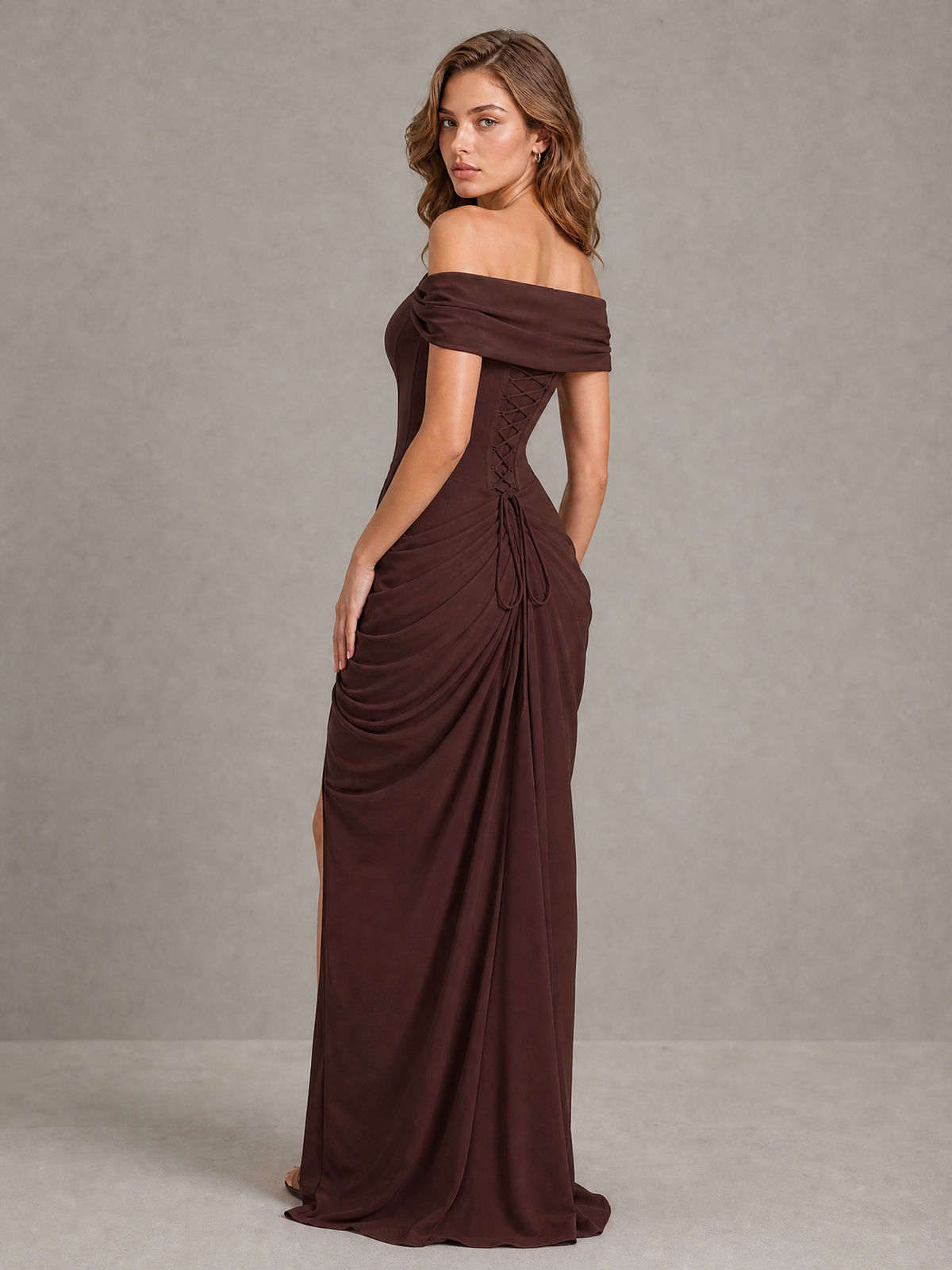 BOLODOO Brown Off-Shoulder Ruched Corset Wedding Guest Dress with Slit 