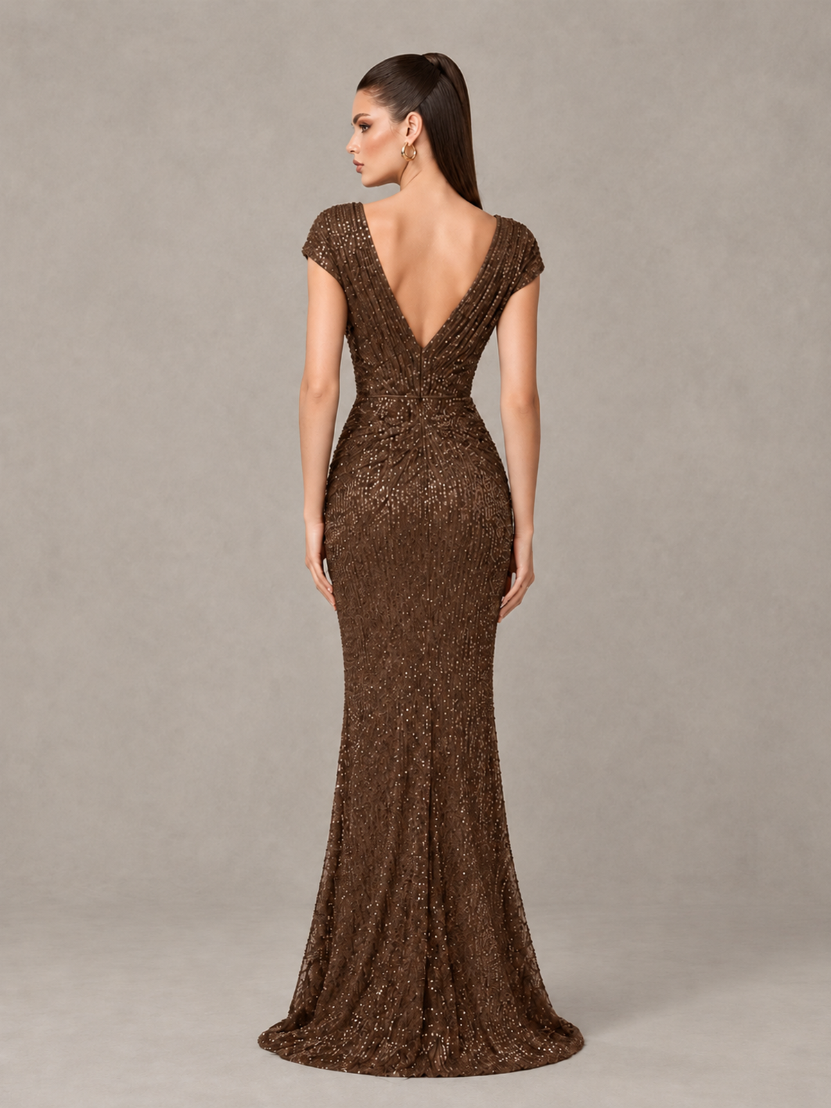 BOLODOO brown cap sleeve glitter evening gown, back view showing deep open V-back
