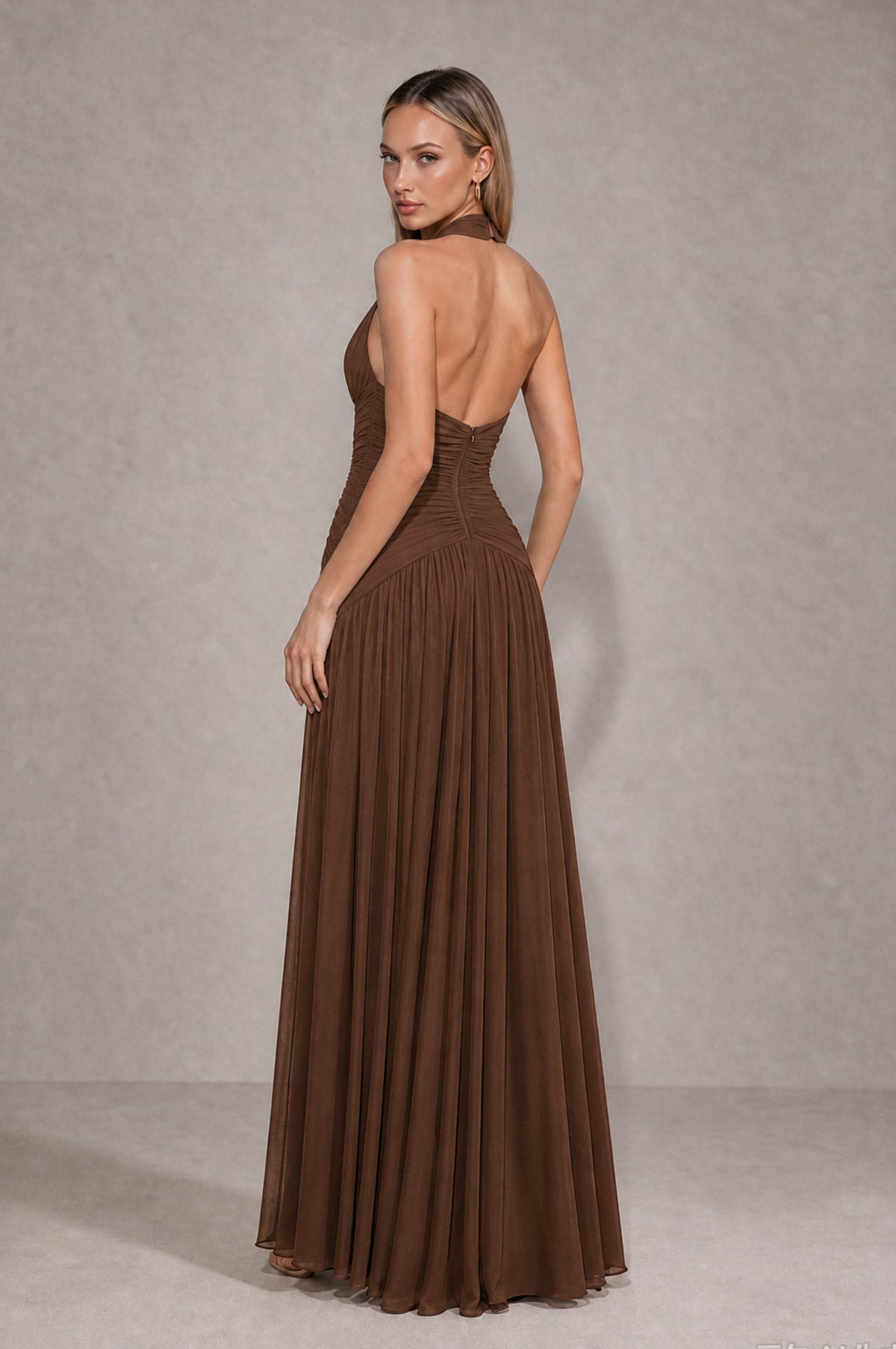 BOLODOO Brown Chiffon Halter Deep V-Neck Ruched A-Line Backless Maxi Dress with Train 