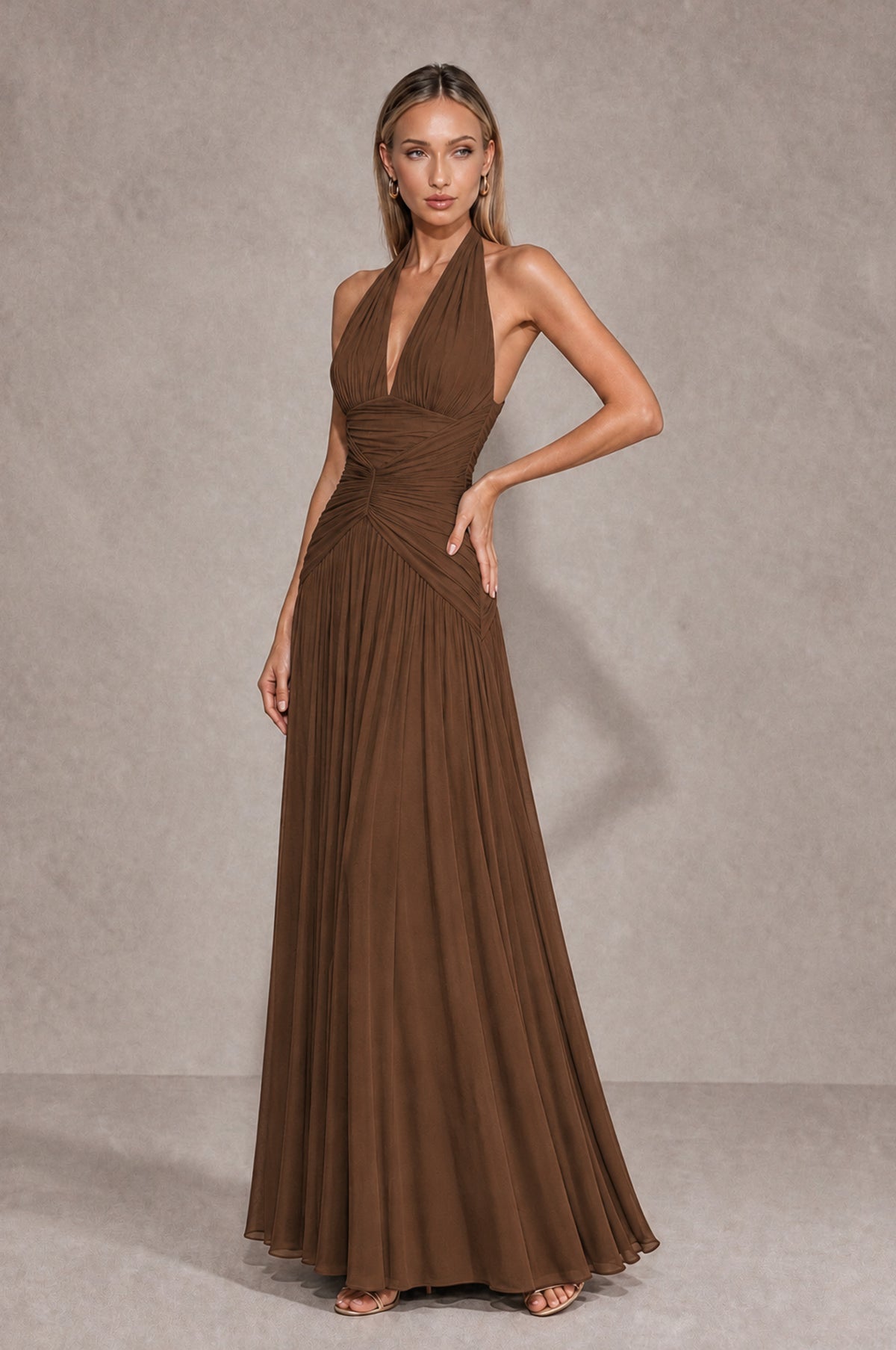 BOLODOO Brown Chiffon Halter Deep V-Neck Ruched A-Line Backless Maxi Dress with Train 