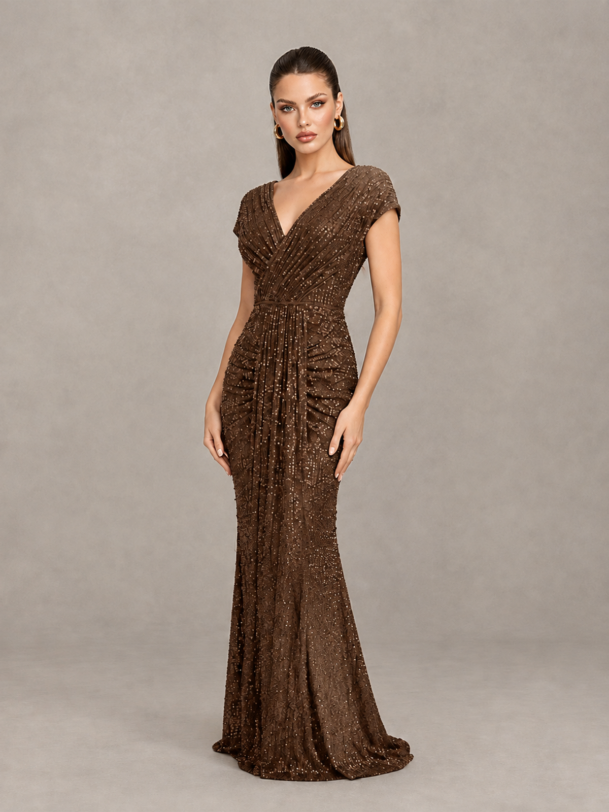BOLODOO brown sparkling evening dress, angled view of crossover neckline and front drape