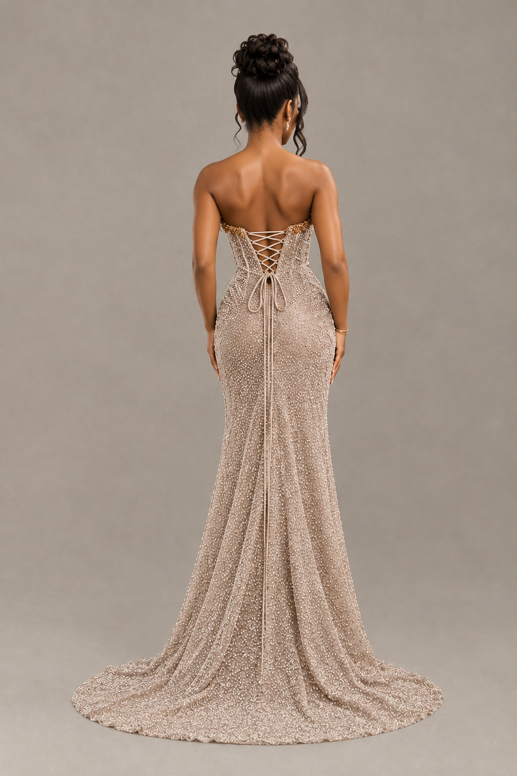 BOLODOO Champagne Gold Corset Prom Dress with High Slit 