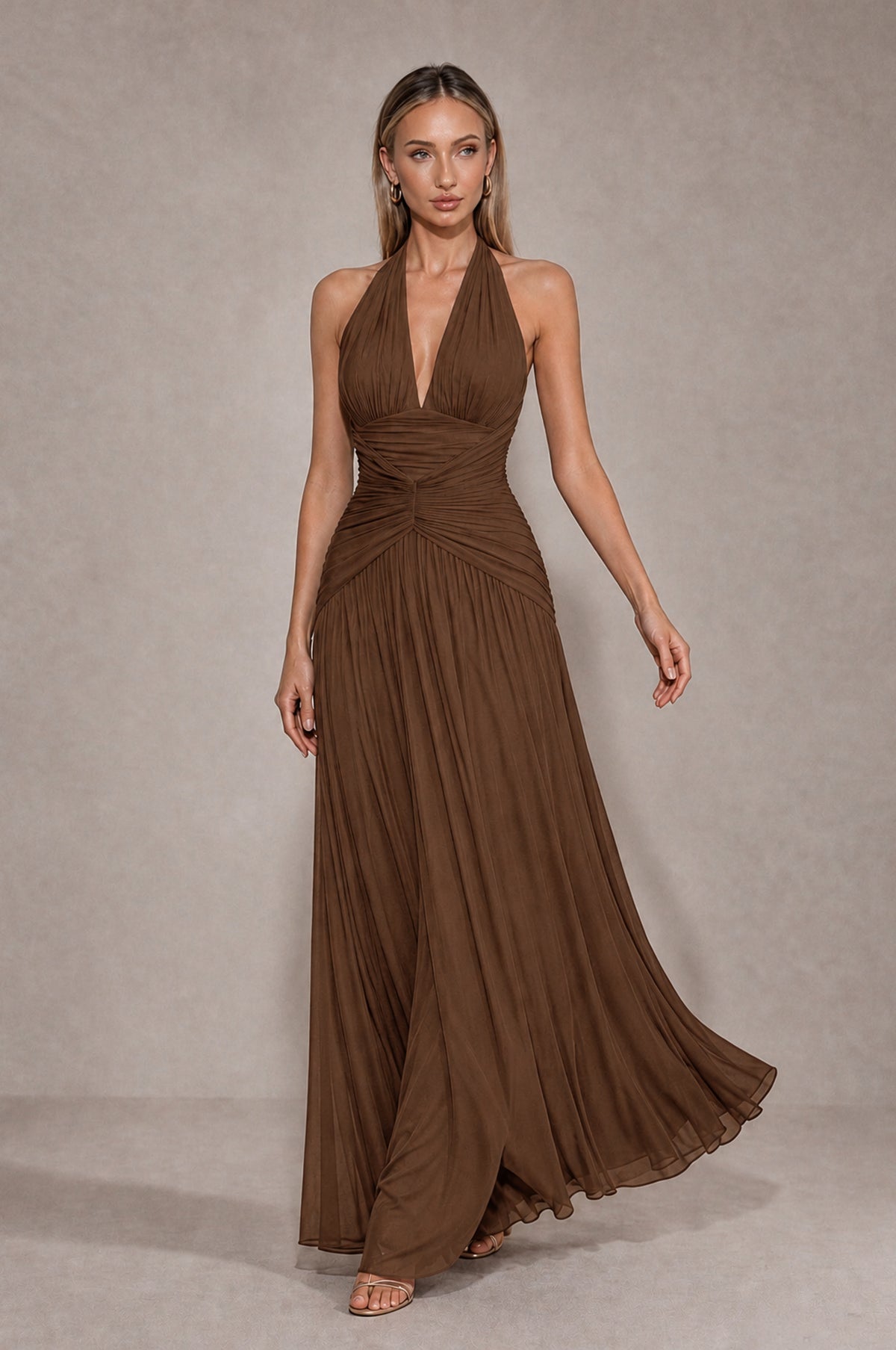 BOLODOO Brown Chiffon Halter Deep V-Neck Ruched A-Line Backless Maxi Dress with Train 