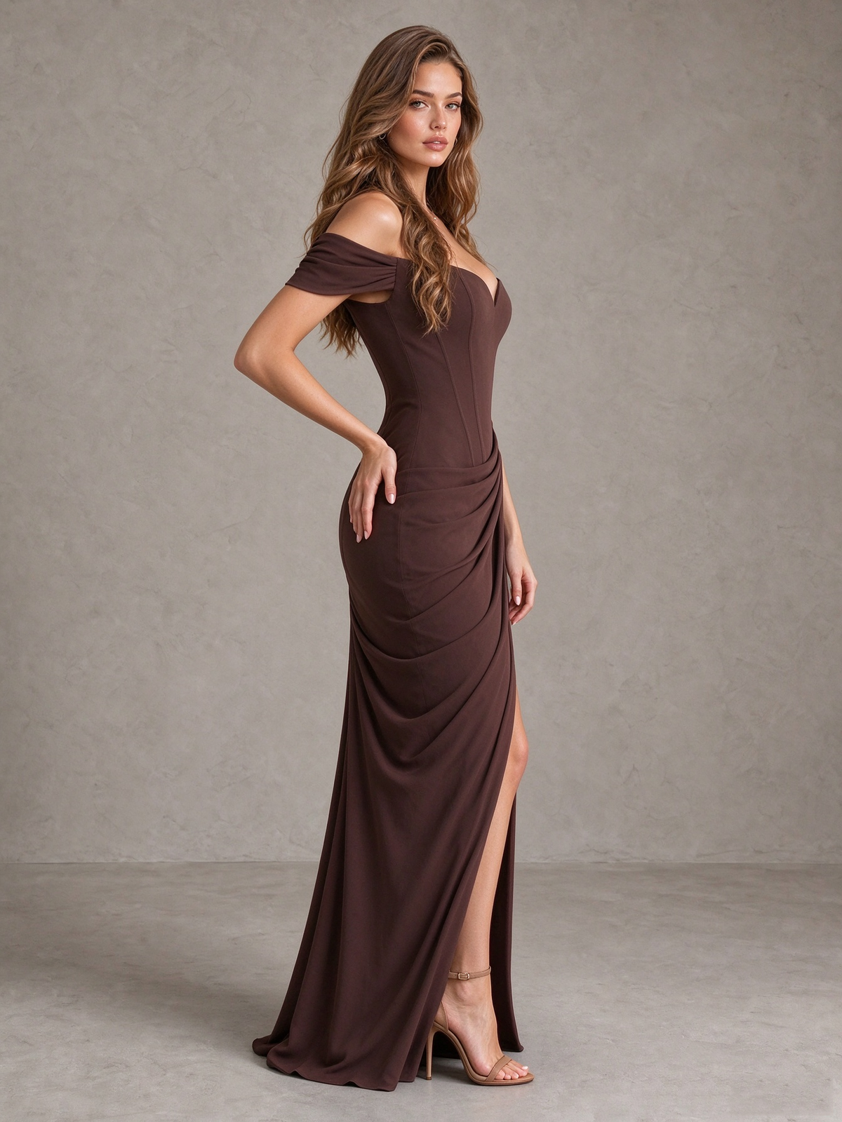BOLODOO Brown Off-Shoulder Ruched Corset Wedding Guest Dress with Slit 