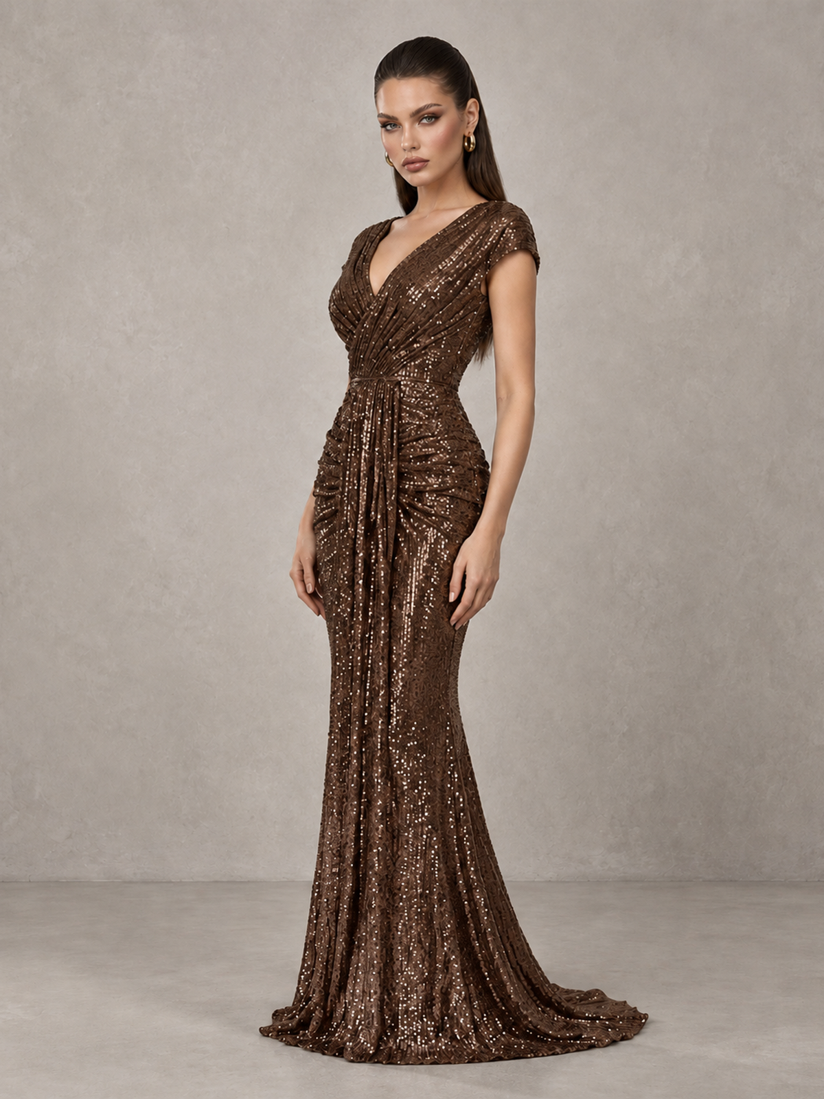 BOLODOO brown glitter mermaid gown, side view showing fitted waist and softly pooling hem