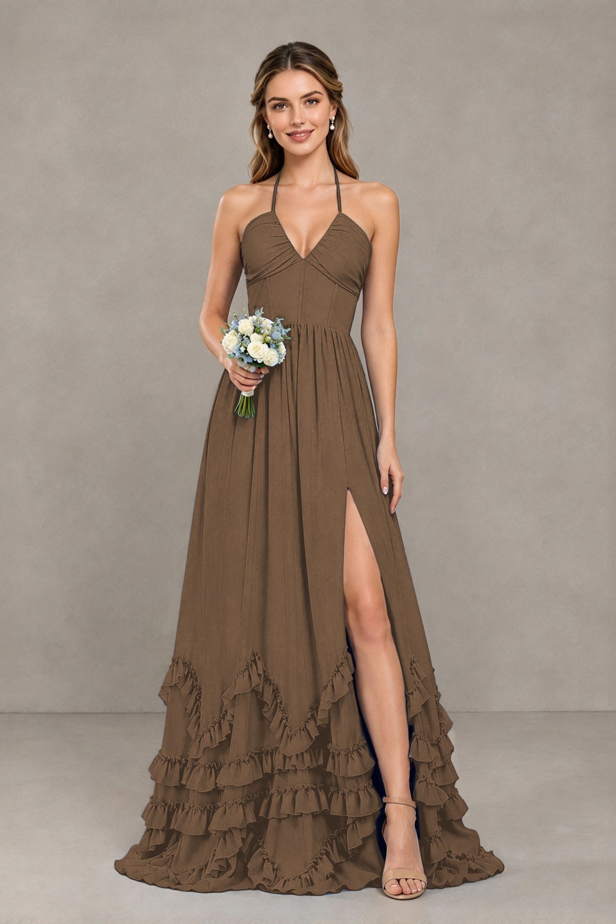 BOLODOO Browrn Halter Ruffle Hem A-Line Bridesmaid Dress with High Slit - Browrn - Browrn(1)