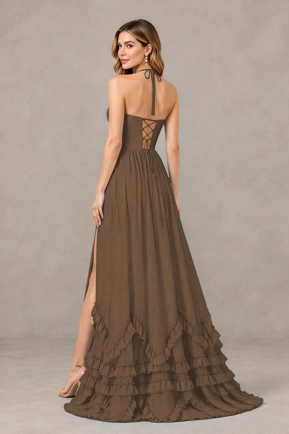 BOLODOO Browrn Halter Ruffle Hem A-Line Bridesmaid Dress with High Slit - Browrn - Browrn(2)