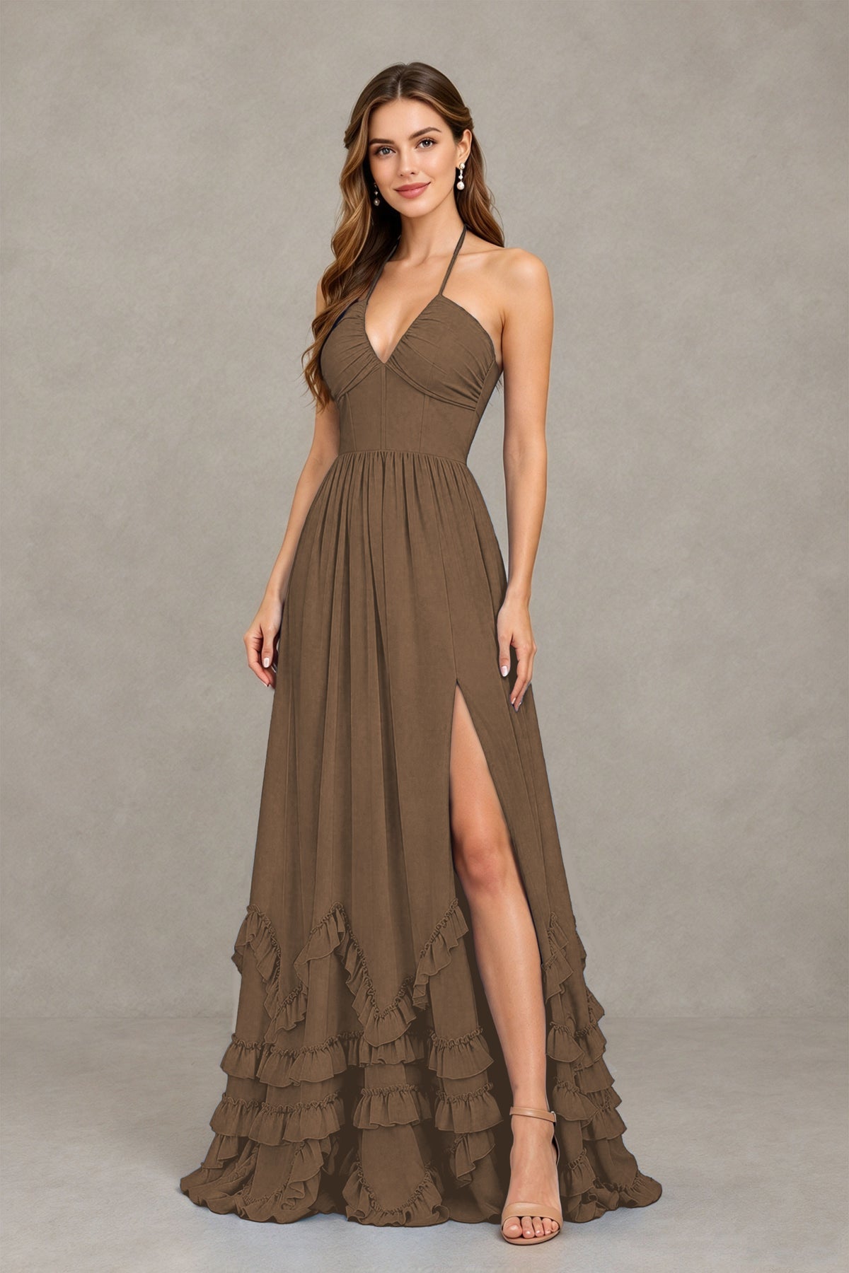 BOLODOO Browrn Halter Ruffle Hem A-Line Bridesmaid Dress with High Slit - Browrn - Browrn(3)