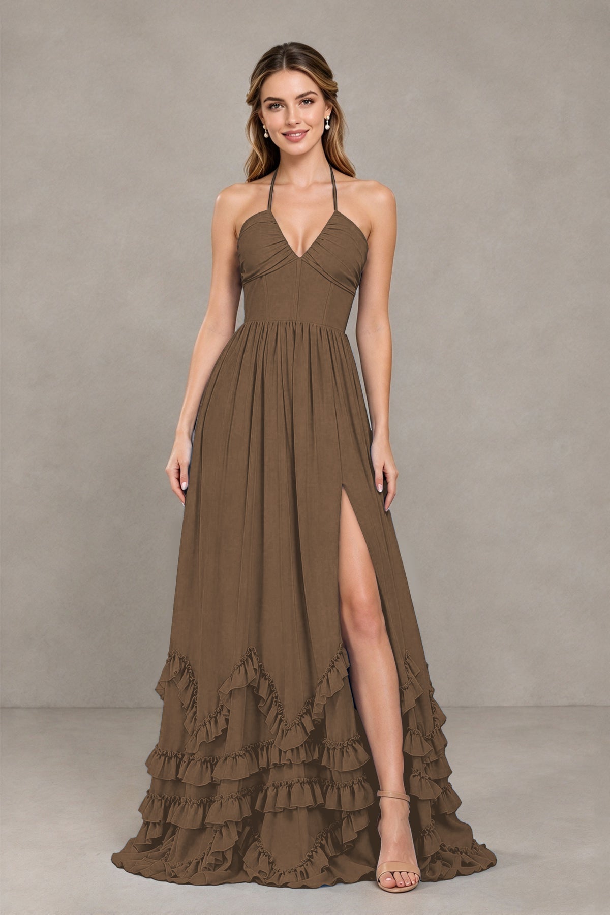 BOLODOO Browrn Halter Ruffle Hem A-Line Bridesmaid Dress with High Slit - Browrn - Browrn(4)