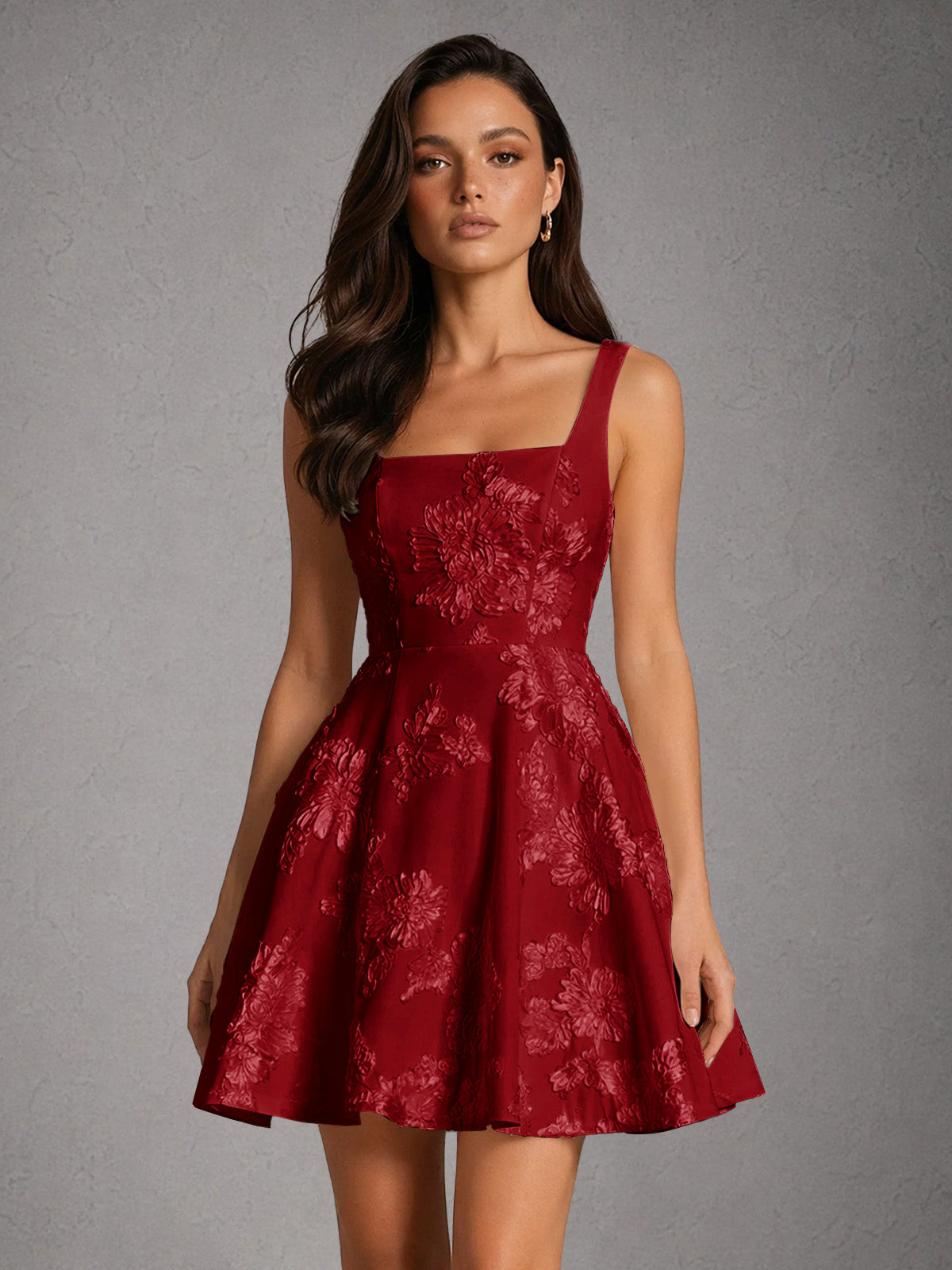 BOLODOO Pearl Burgund Iridescent Floral Embroidered Square Neck Wide Strap A-Line Mini Dress with Lace-Up Back - Burgund