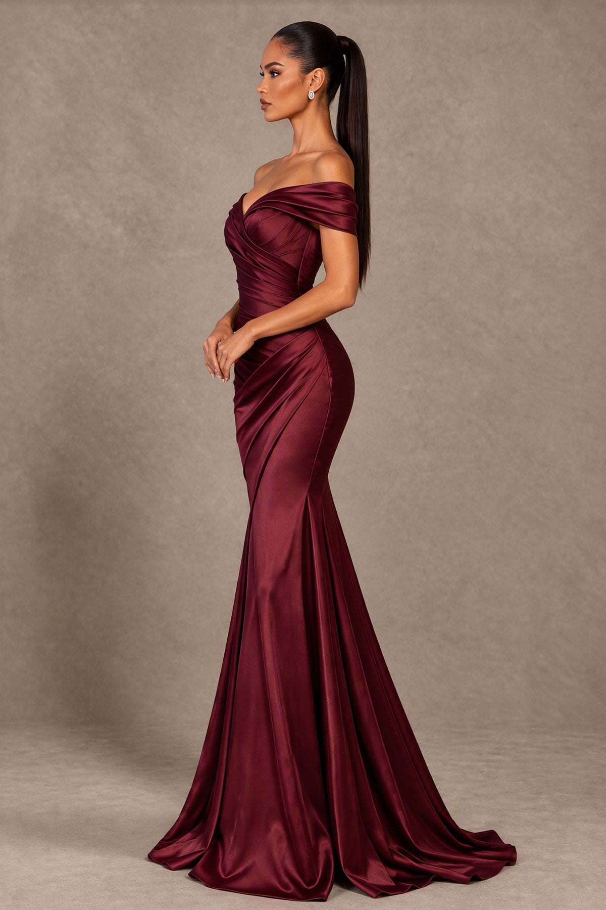 BOLODOO burgundy floor-length mermaid evening dress with sweeping train, side view