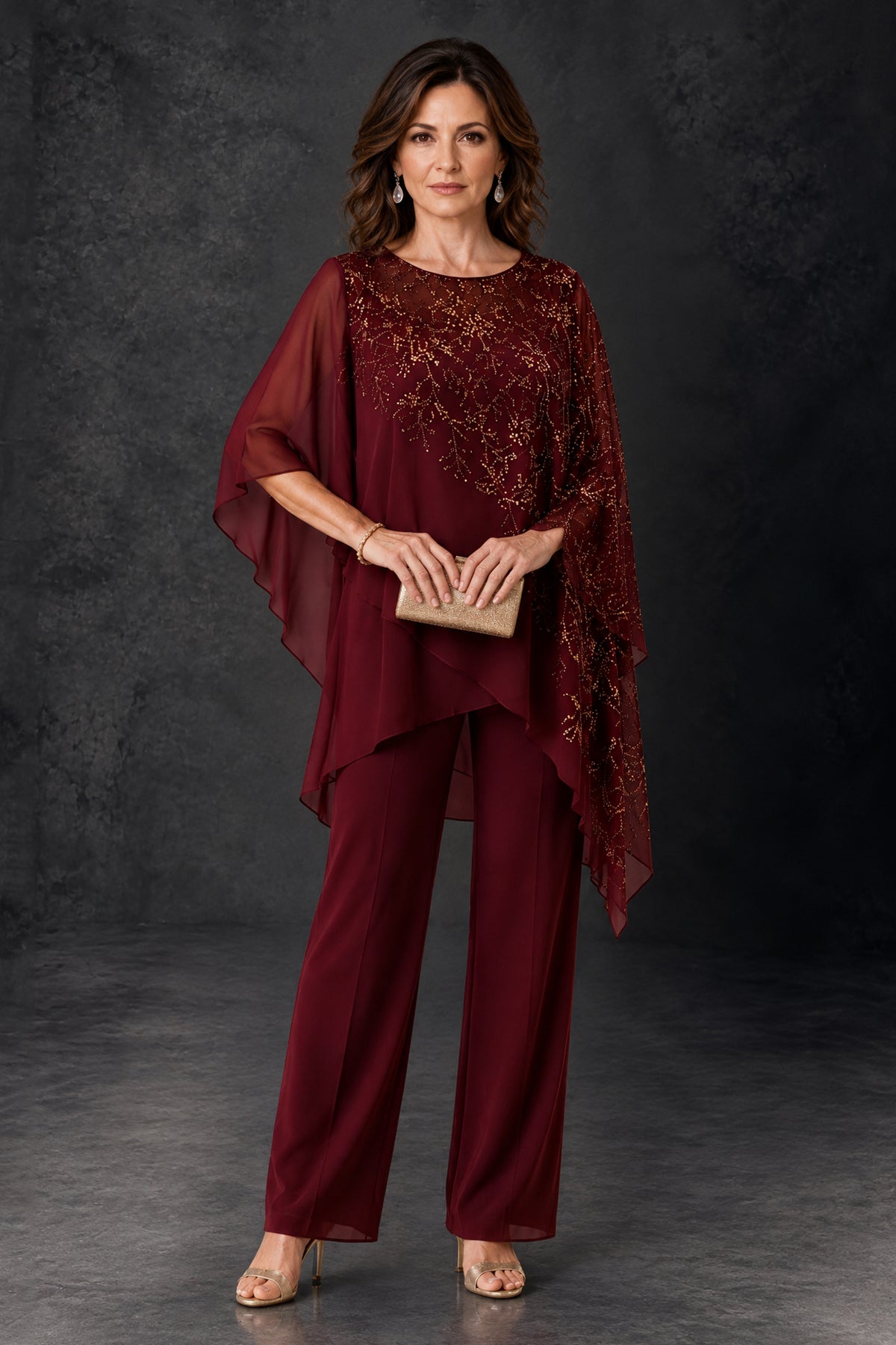 BOLODOO burgundy cape pant suit, front view with embellished top and wide-leg trousers